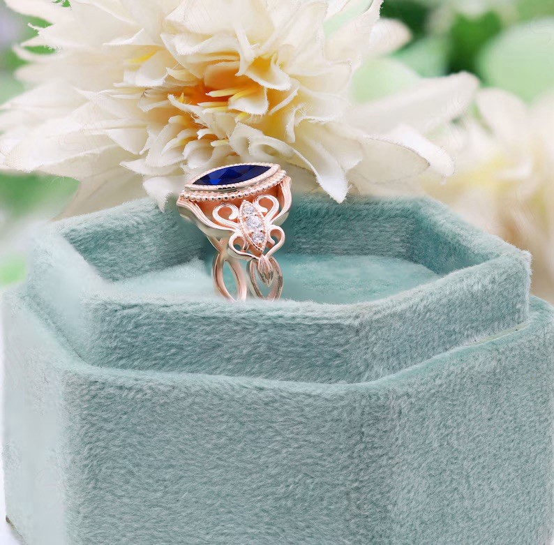 Art Deco 1.2 Ct Blue Sapphire Marquise Cut Lab Diamond Bridal Engagement Ring