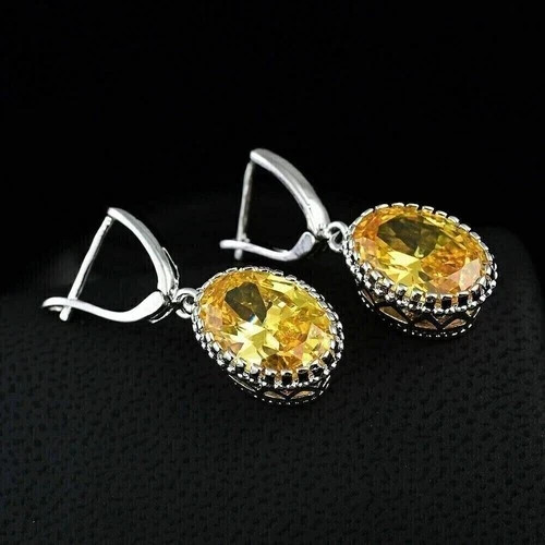 Oval Cut Citrine & Lab Created Diamond Wedding 14Ct White Gold Finish Earrings