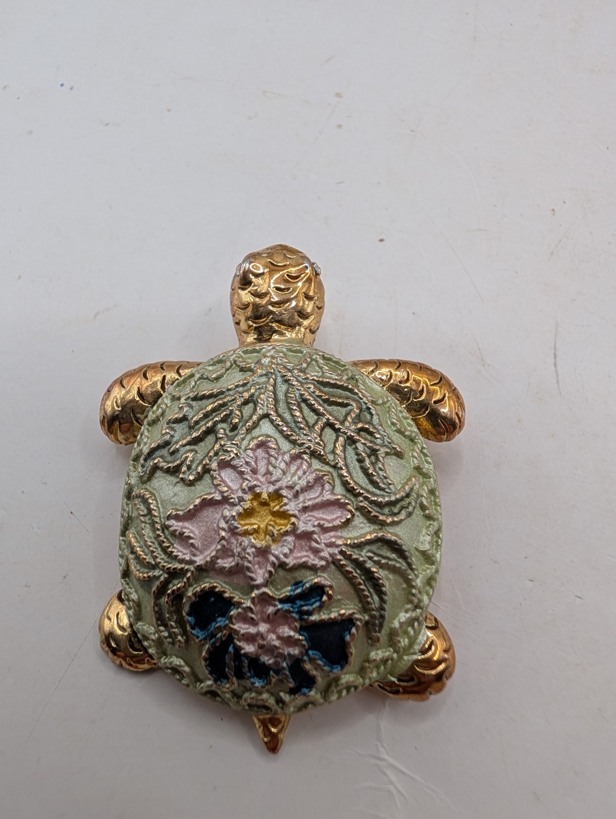 Vintage Turtle Brooches, Cloisonne, Gold Tone Rhinestone Set Of 2