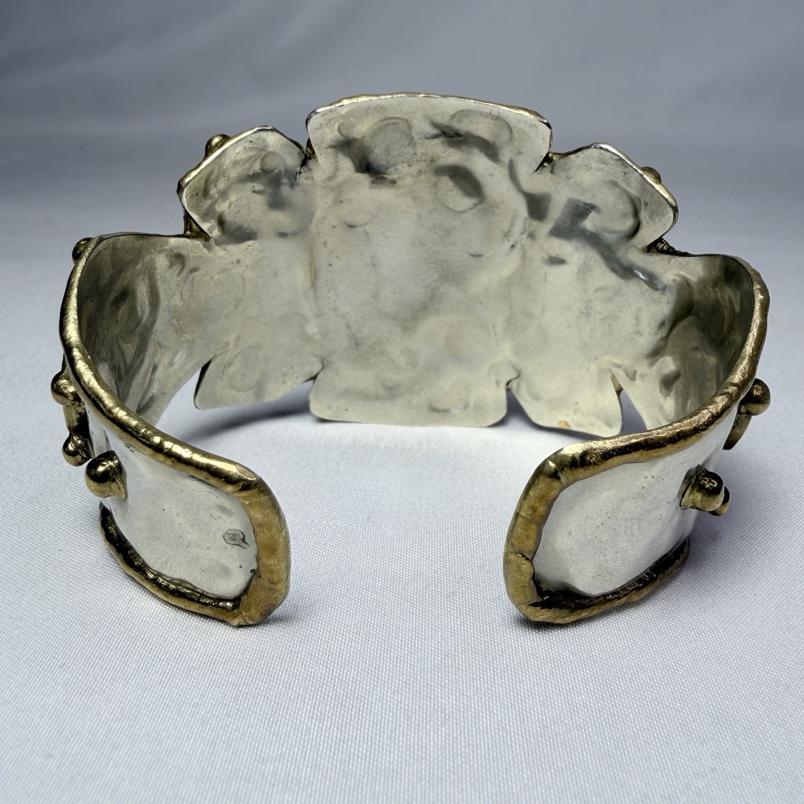 Beautiful Brutalist Mixed Metal Cuff Bracelet Brass & Copper Large Natural Stone