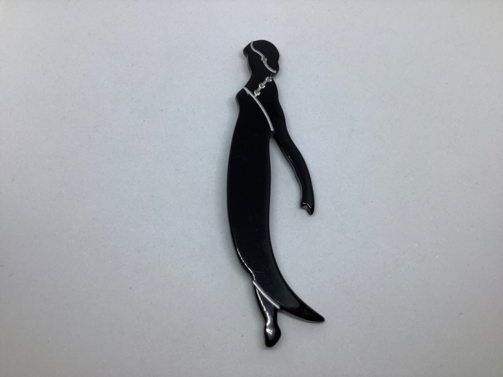 Vintage Lucite Brooch Pin Flapper Lady Black Clear Rhinestones Large 4 inch
