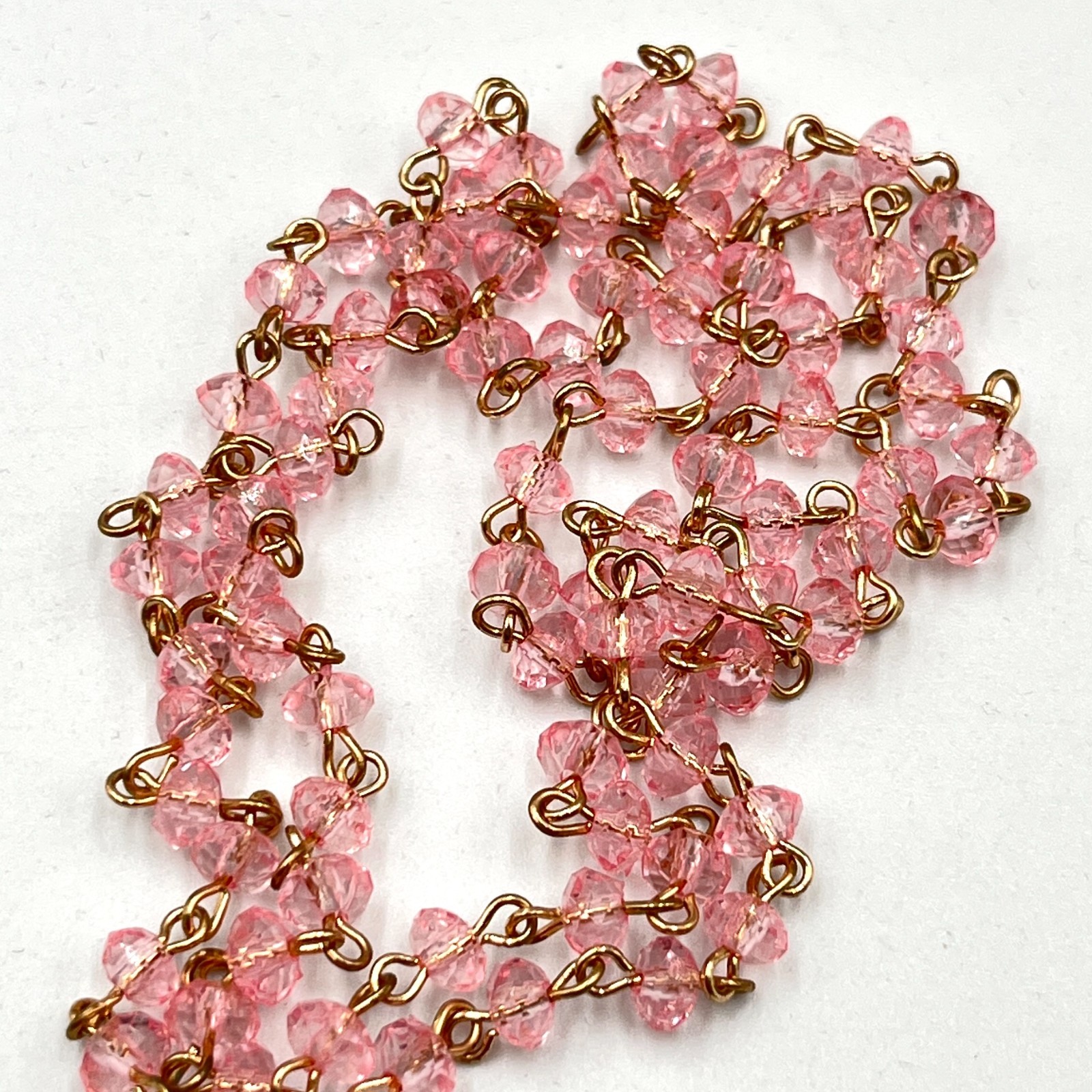 Vintage Y2K Pink Faceted Crystal Beaded Rosary Style Chain Necklace Gold Tone