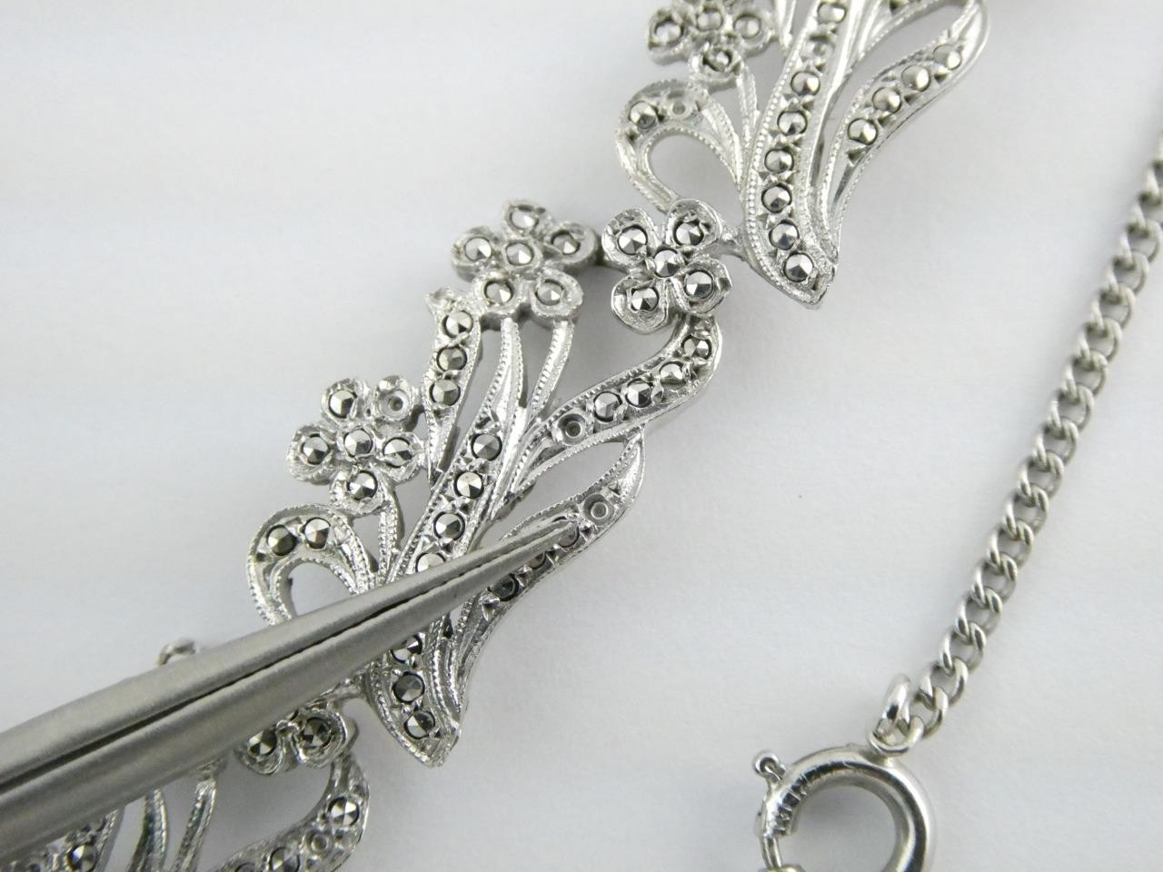 Vintage Deco Style Sterling Silver Marcasite Studded Bracelet 7.25 In GEMS MISS