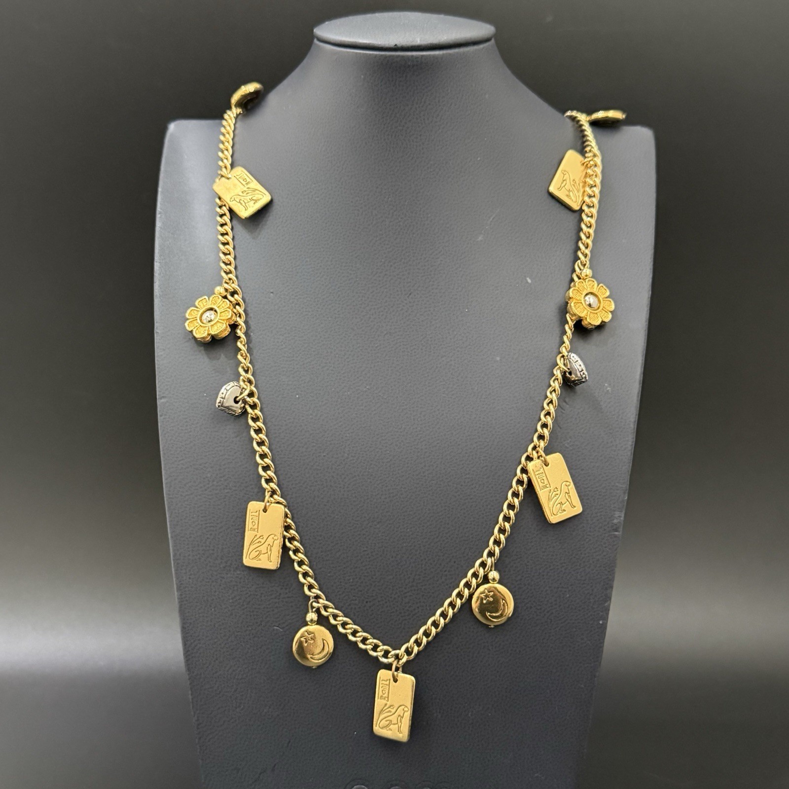 Vintage LCI Liz Claiborne Gold-tone Tarot Flower Star Moon Charm 38”Necklace 83g