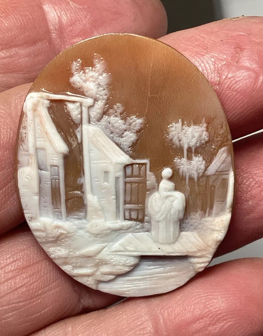 ANTIQUE CARVED SHELL CAMEO, WOMAN WALKING ON BRIDGE, WITH BUILDINGS 41/33mm #131