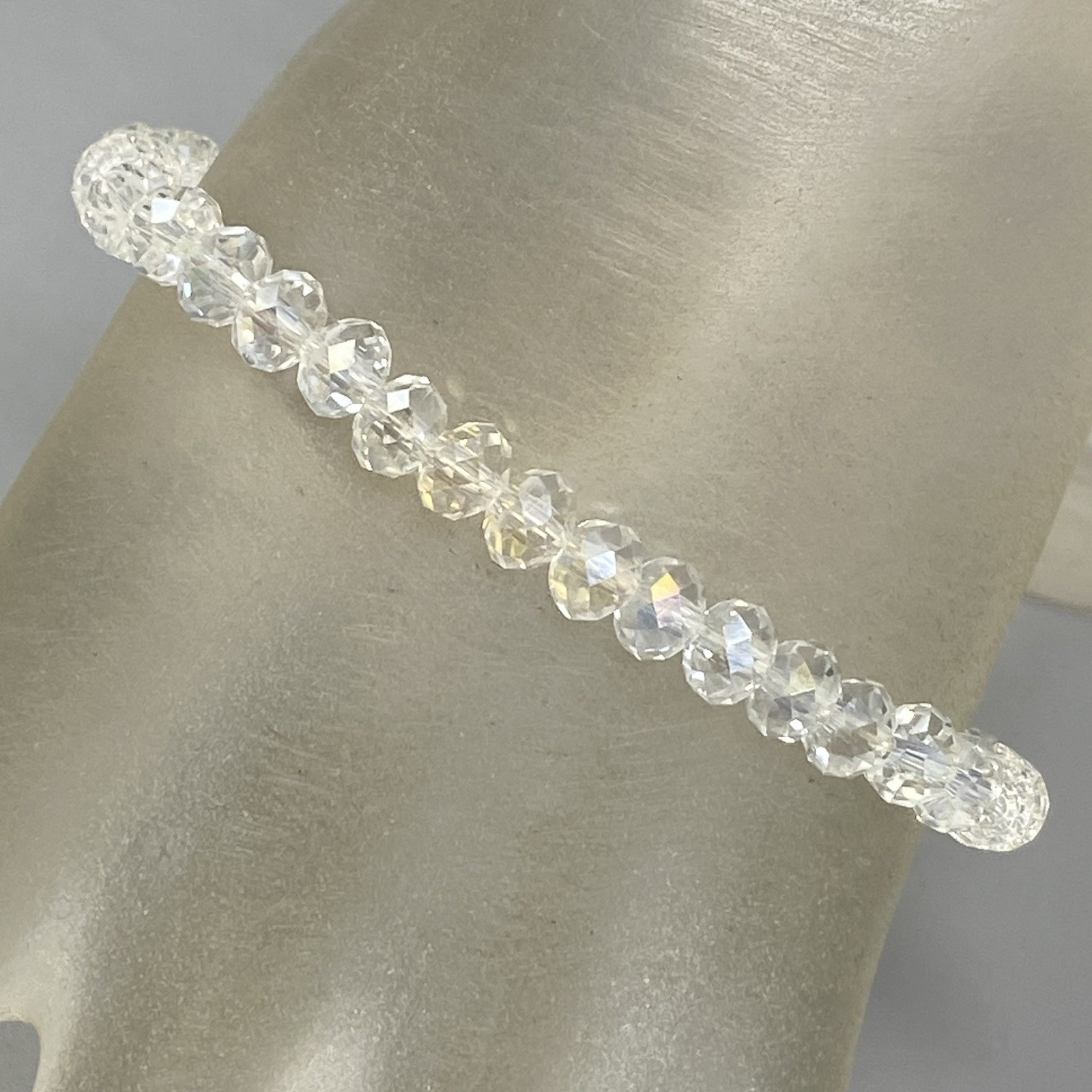 Mini Clear Glass Beaded Bracelet Faceted Rondelle Stretch Fire Polished 7″