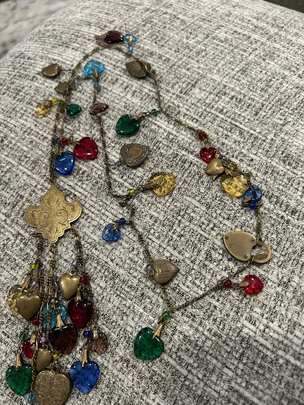 Signed Vintage Glass Works Studio Long Necklace Colored Glass Hearts Victorian