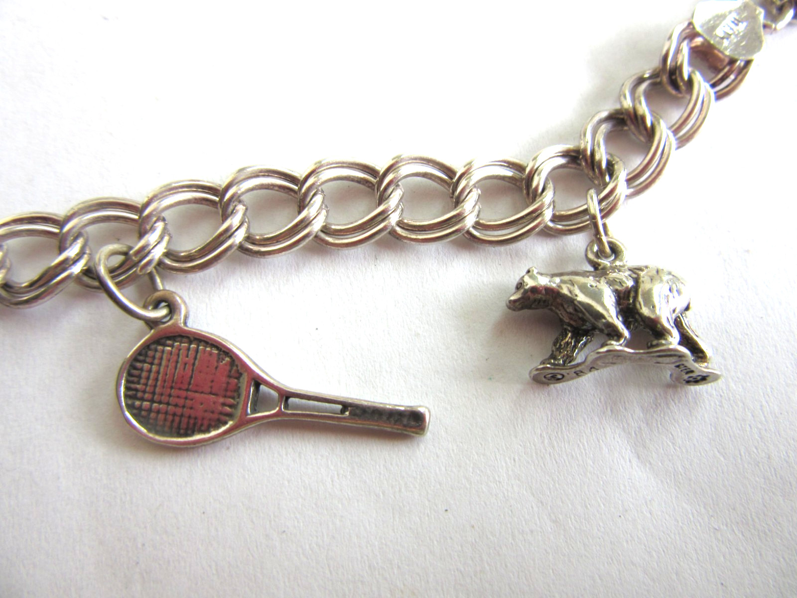 Vintage 925 Italy double link charm bracelet with 3 charms, 17.6 rms 18″ long