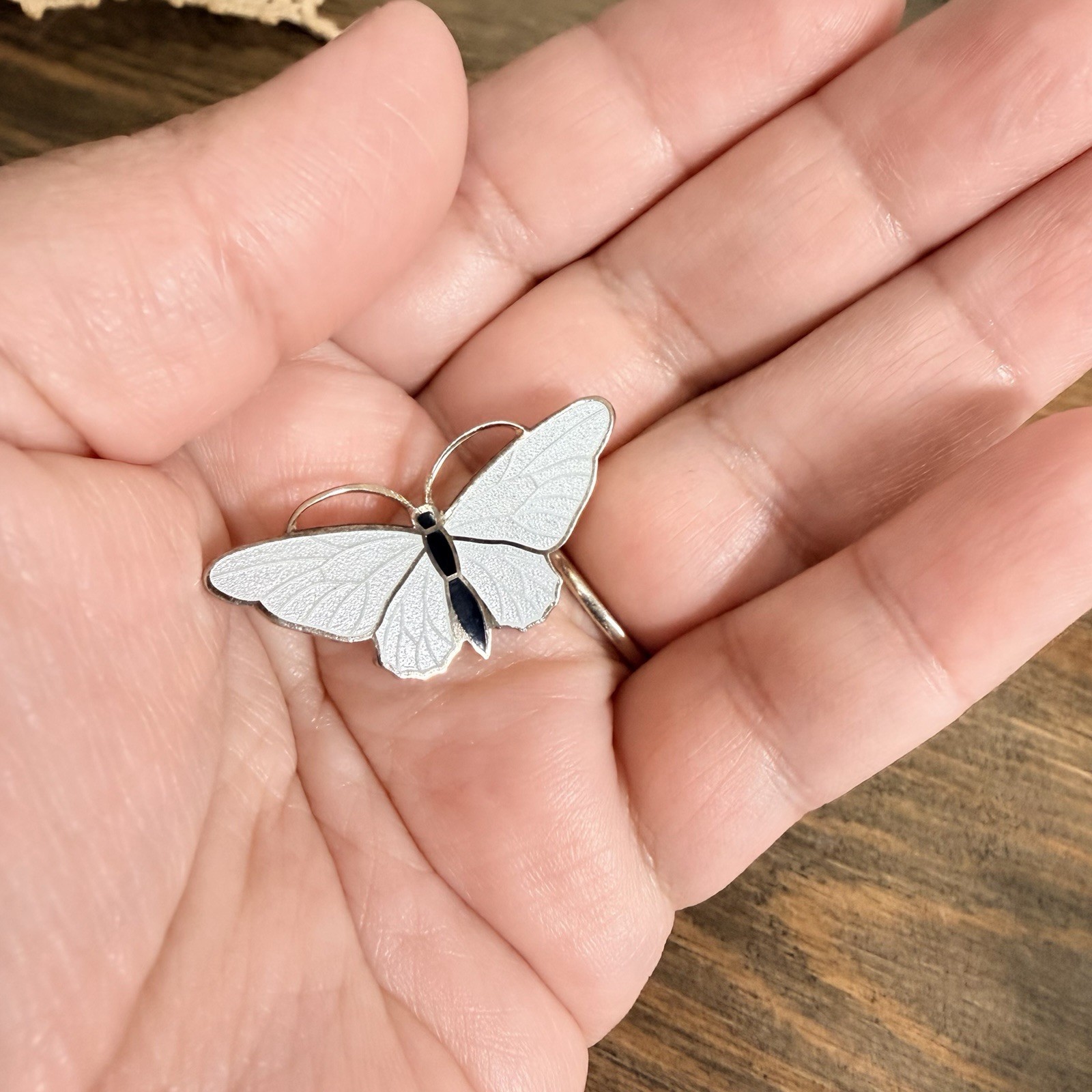 Vintage Mid Century White Black Guilloche Enamel Gold Tone Butterfly Pin Brooch