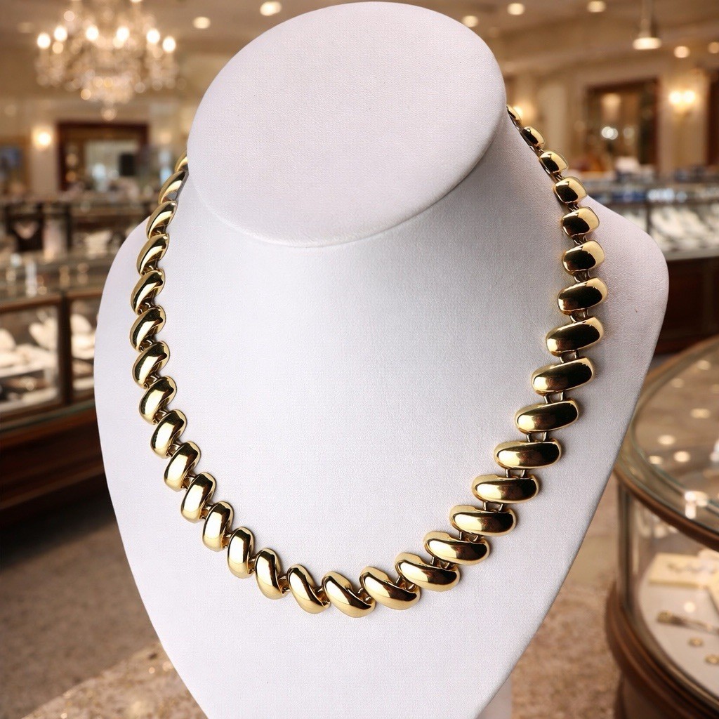 Vtg Collar Necklace 17” Choker – Bold Gold Lozenge Links – 1990s – Retro Classic