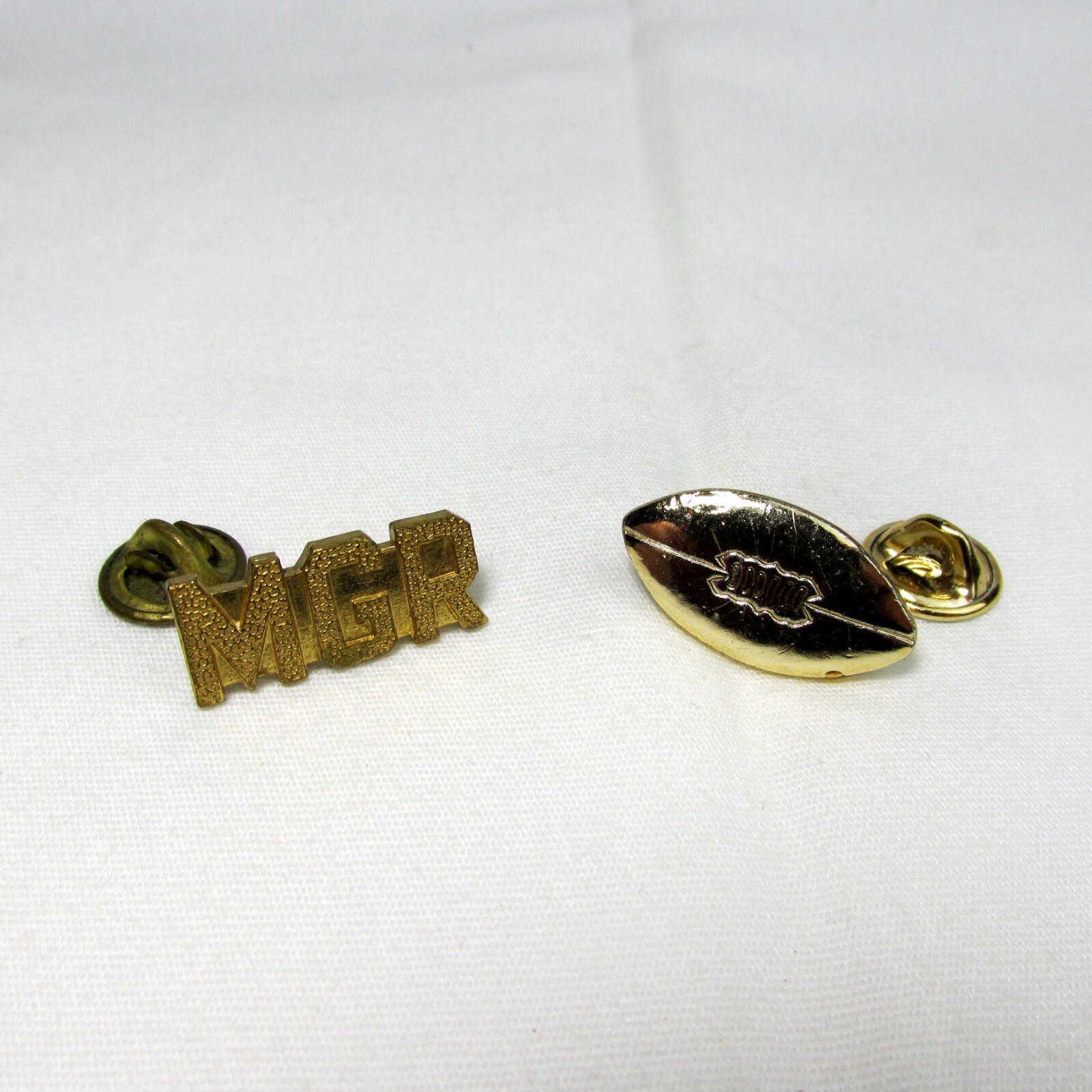 Vtg Management MGR Manager & Football Clutchback Golden Lapel Hat Pins Varsity