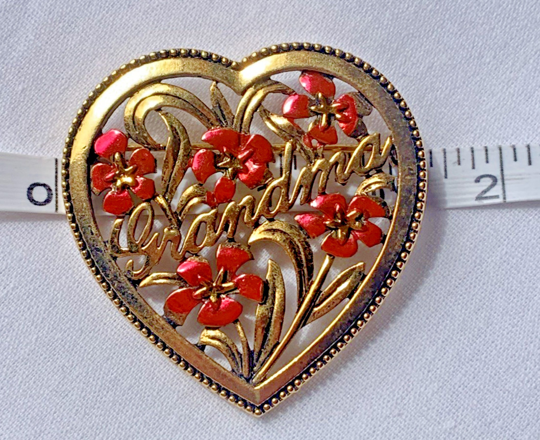 Lot of 3 Vintage “Grandma” Brooches-1 Marked JJ-1 Locket-Hearts & Flowers
