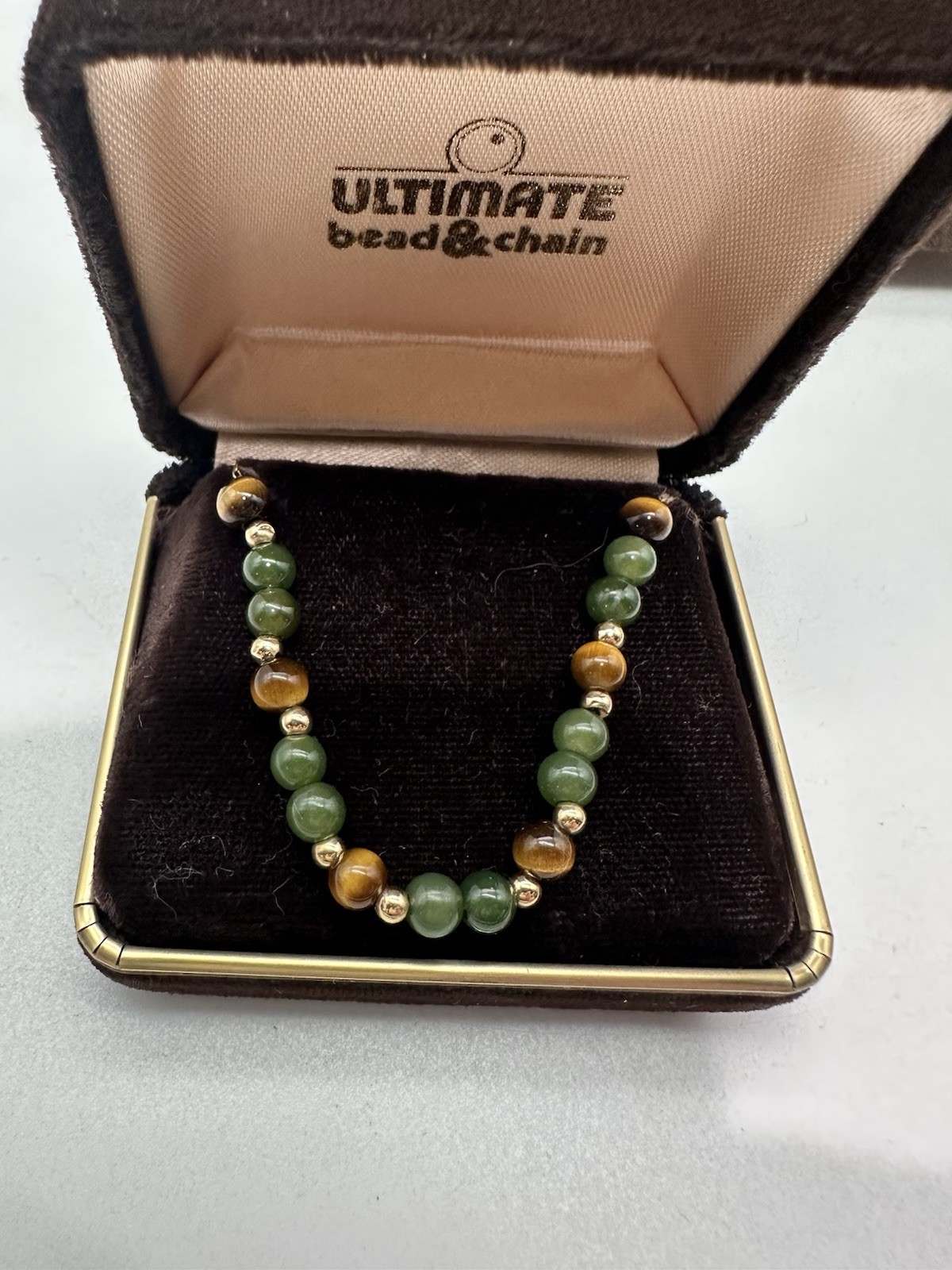 Vintage 14K Yellow Gold 1980’s Add A Bead Necklace Threader Chain Jade Tiger Eye