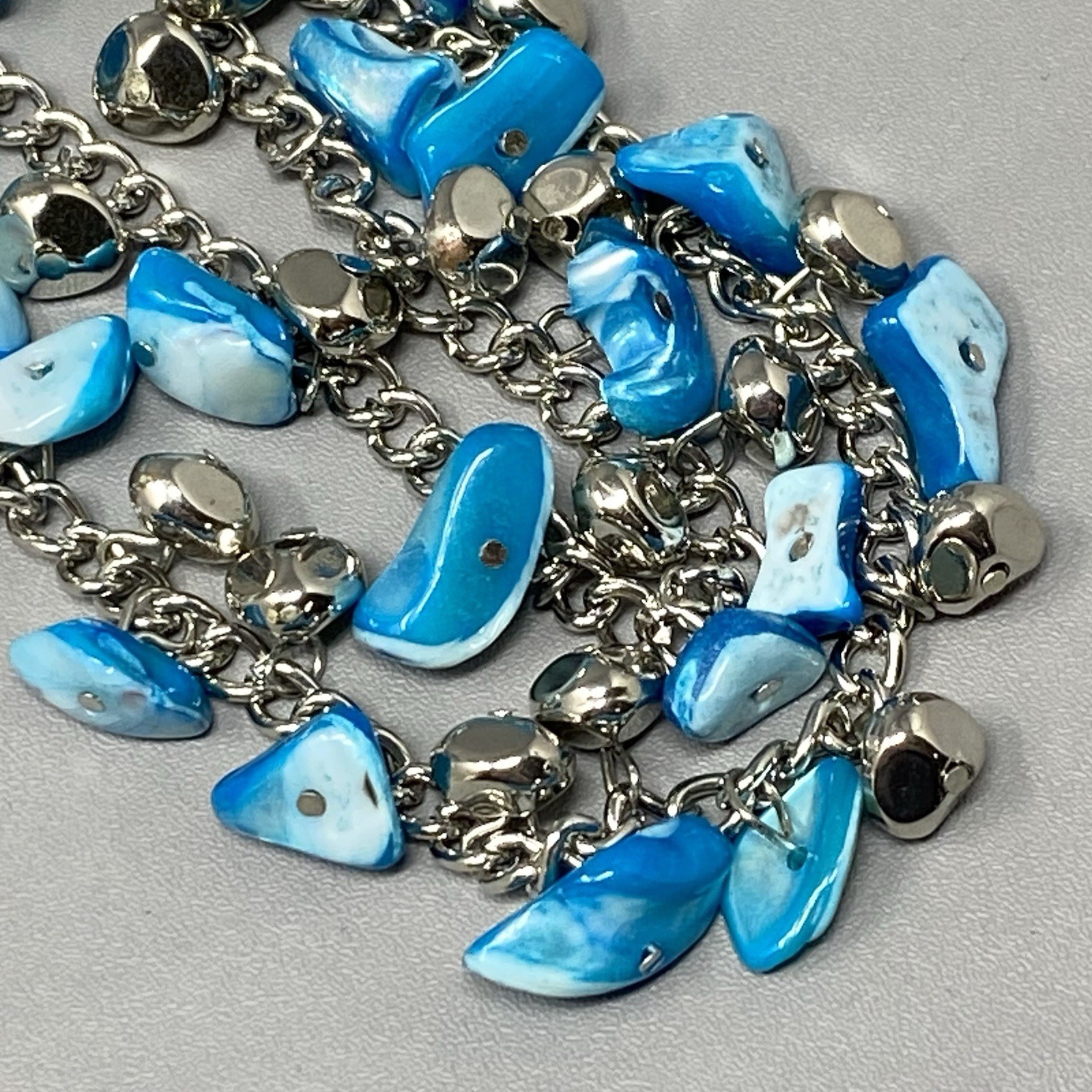 Mother of Pearl Necklace Blue Dyed Fringe Nuggets Silver Tone Layered Shell 16″