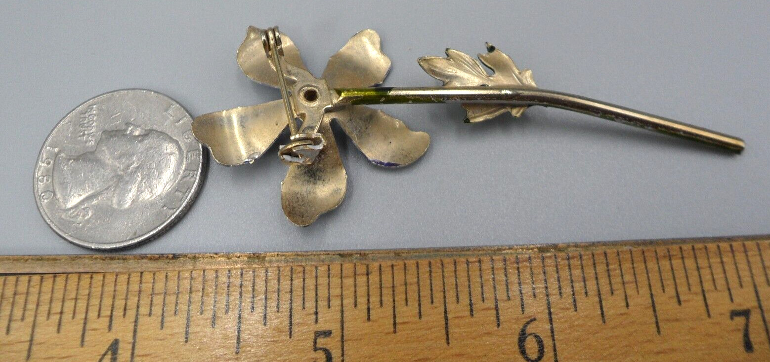 Vintage Flower Stem Brooch Periwinkle Vinca Blue Violet Purple Dimensional 3″