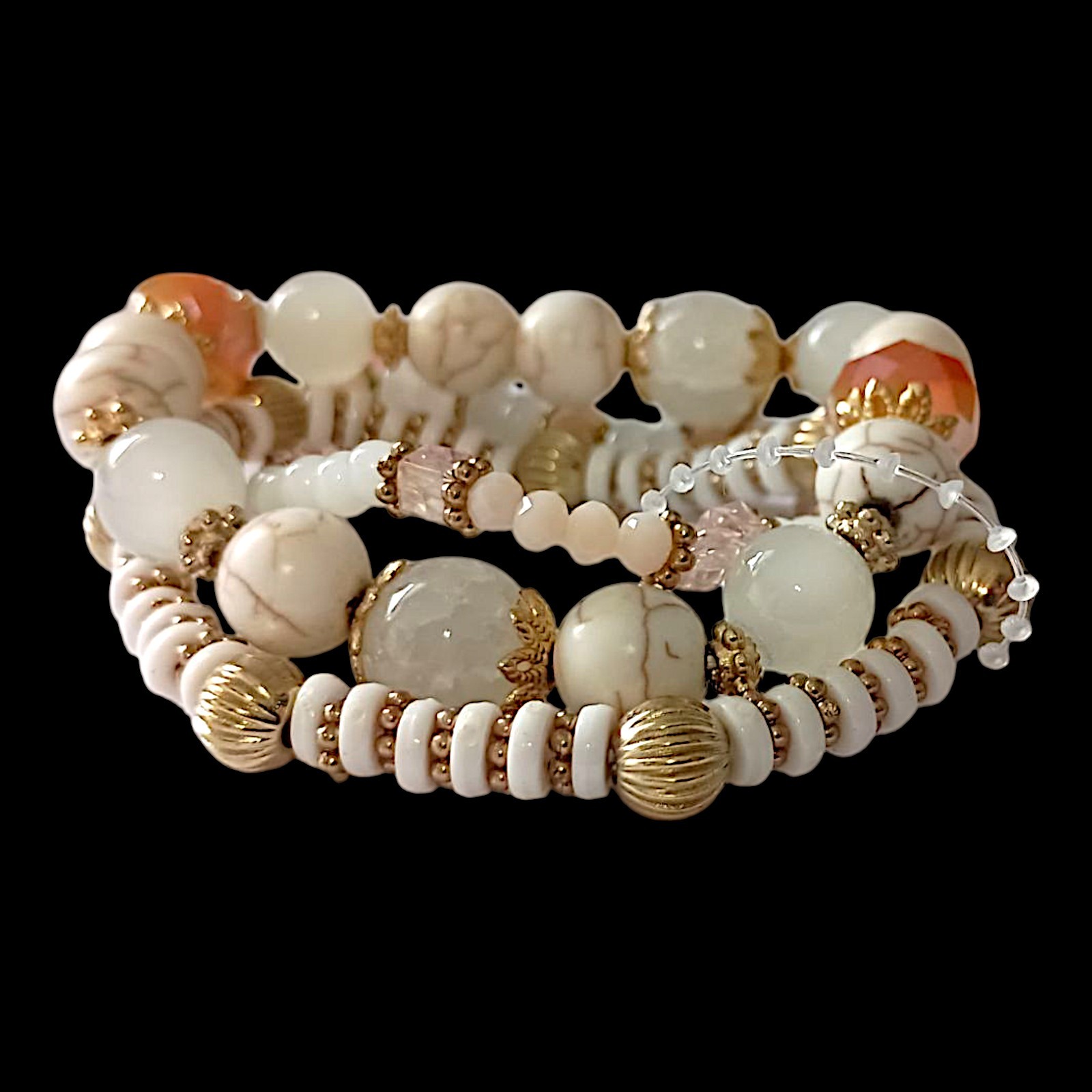 Y2K Multi Strand Beaded Bracelet Glass Stacked Floral Neutrals Fairy Indie Boho