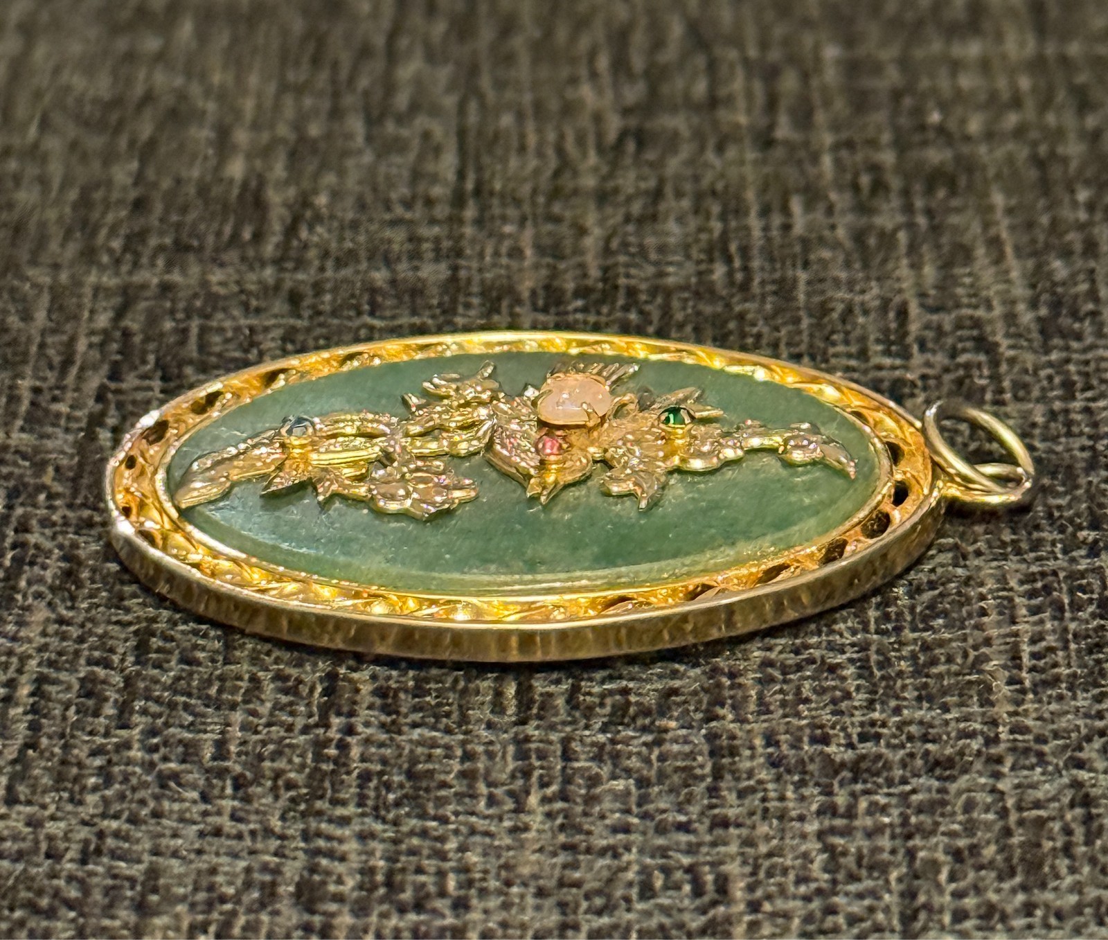 VTG Chinese Jade Pendant Opal Ruby Sapphire Emerald Bird Gold Tone Reversible Fu