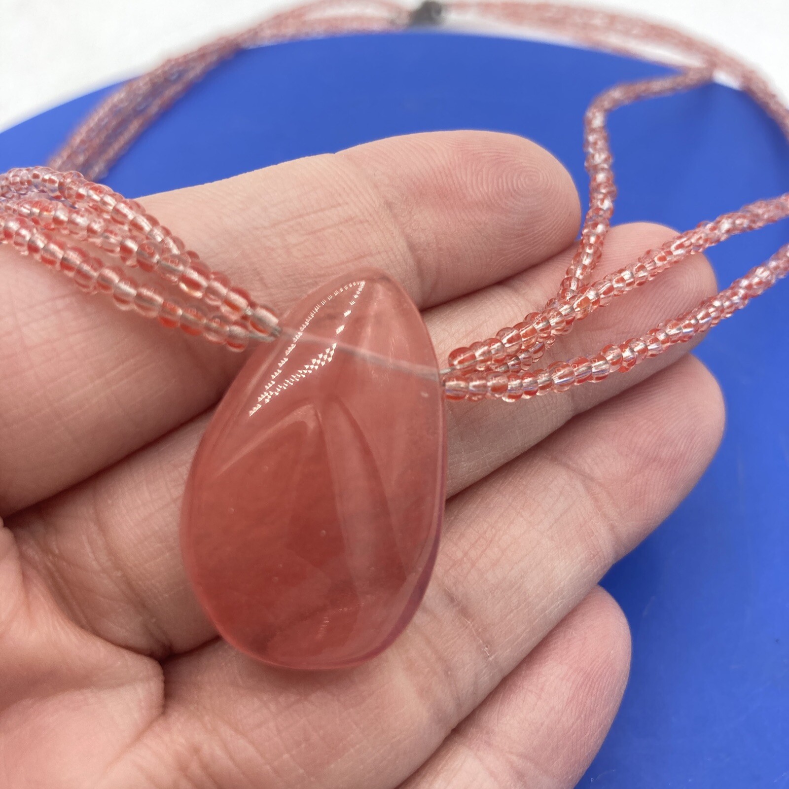 Vtg Rose Pink Glass Necklace Seed Beads 925 Silver Clasp Pendant 16” Love Beauty