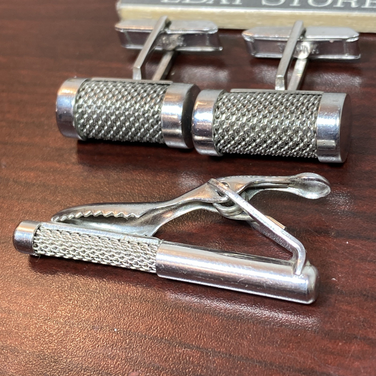 Vtg Round MESH Swank Cuff Links Tie Clip Bar Set (LOOKS LIKE A RETRO MICROPHONE)