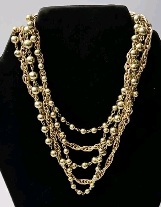 Vintage Cord Multi Strand Gold Tone Beaded and Chain Necklace