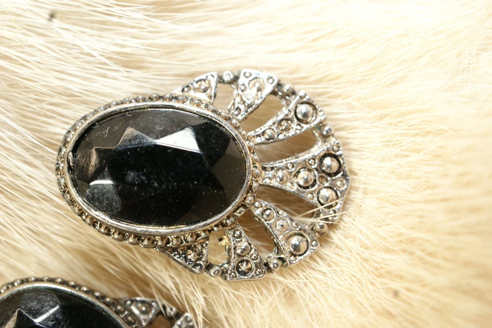 E#19, Vintage Pierced Earrings, Marcasite, Faceted Onyx, 1 X 3/4 inches