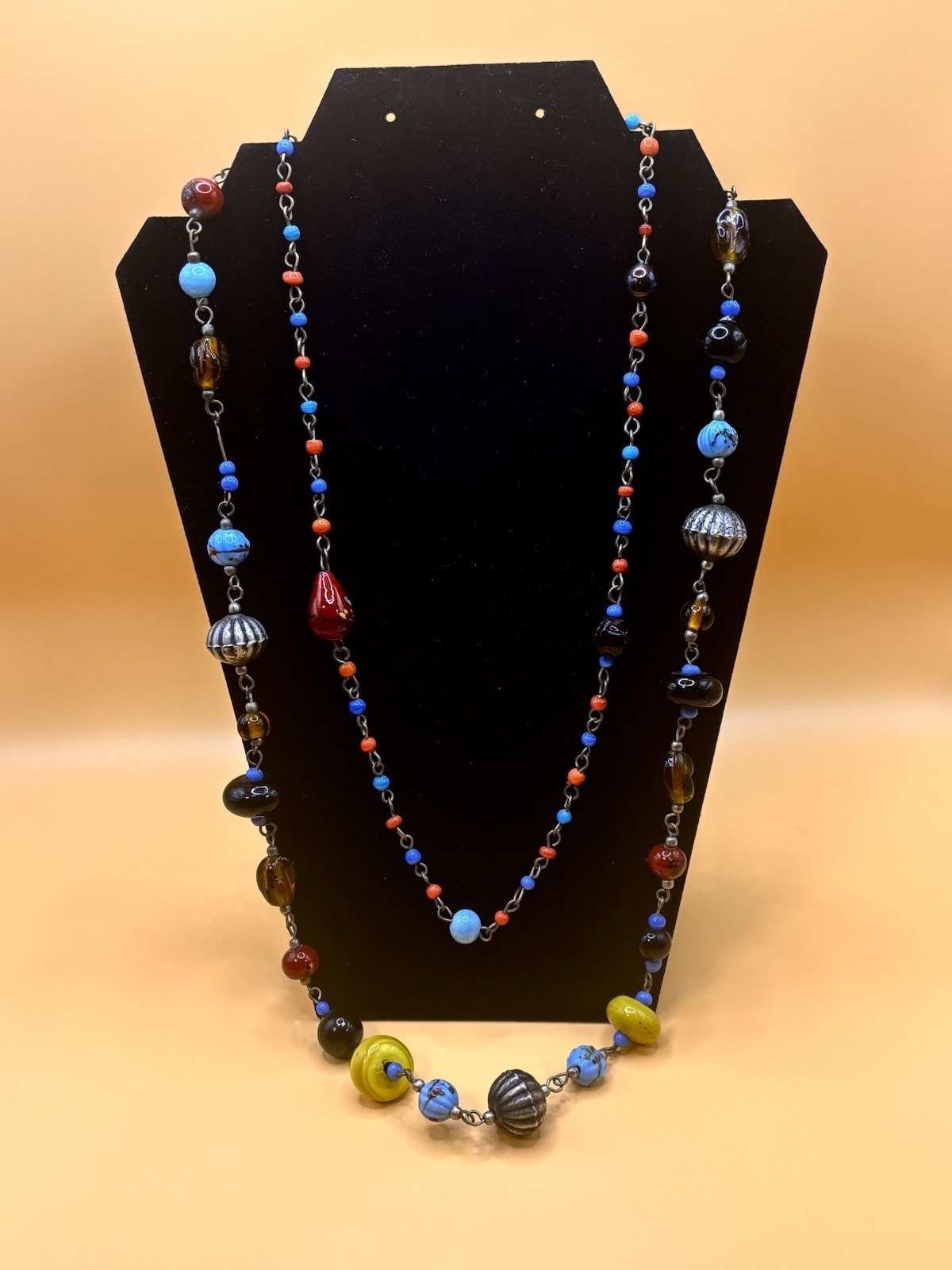 Czech Style Art Glass Necklace Double Strand Boho Lampwork Beaded Blue Yellow