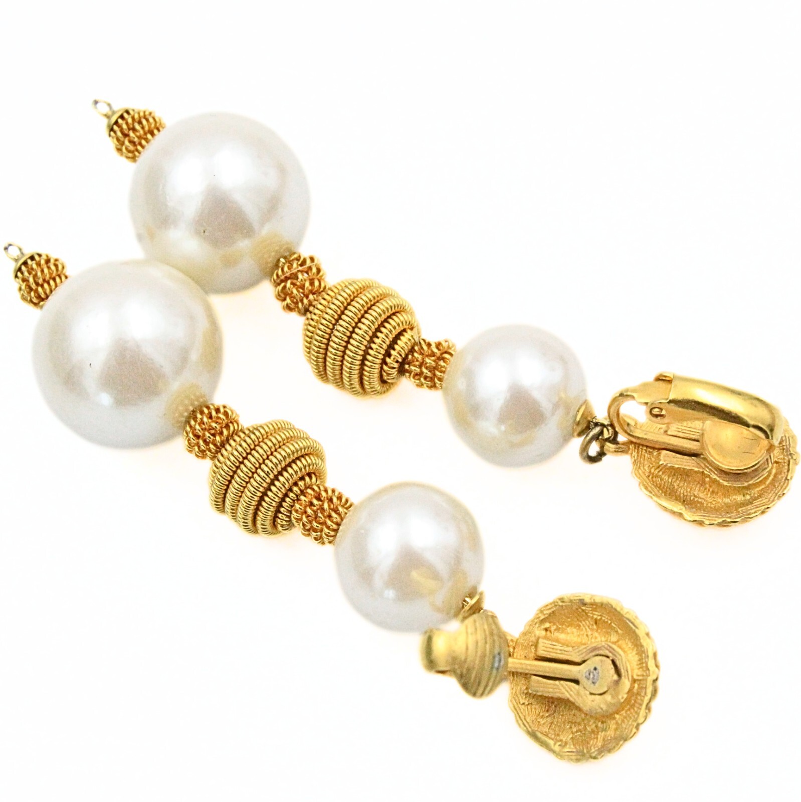 Marvelous Classic Faux Pearl Textured Gold Plate Long Dangle Drop Earrings