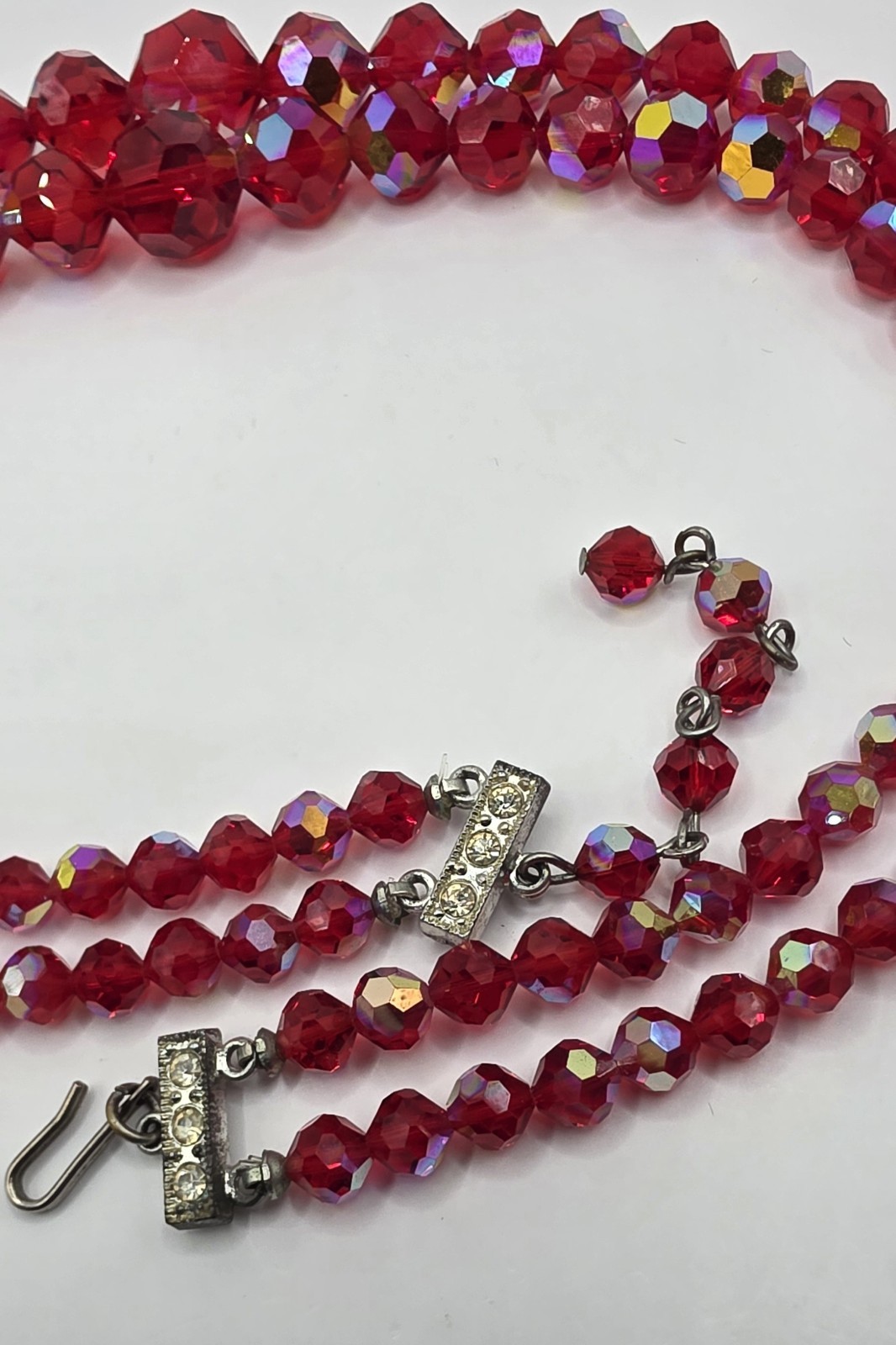 Vintage Red AB Glass Crystal Choker Necklace 2 Strand Faceted 16.5 With Extender