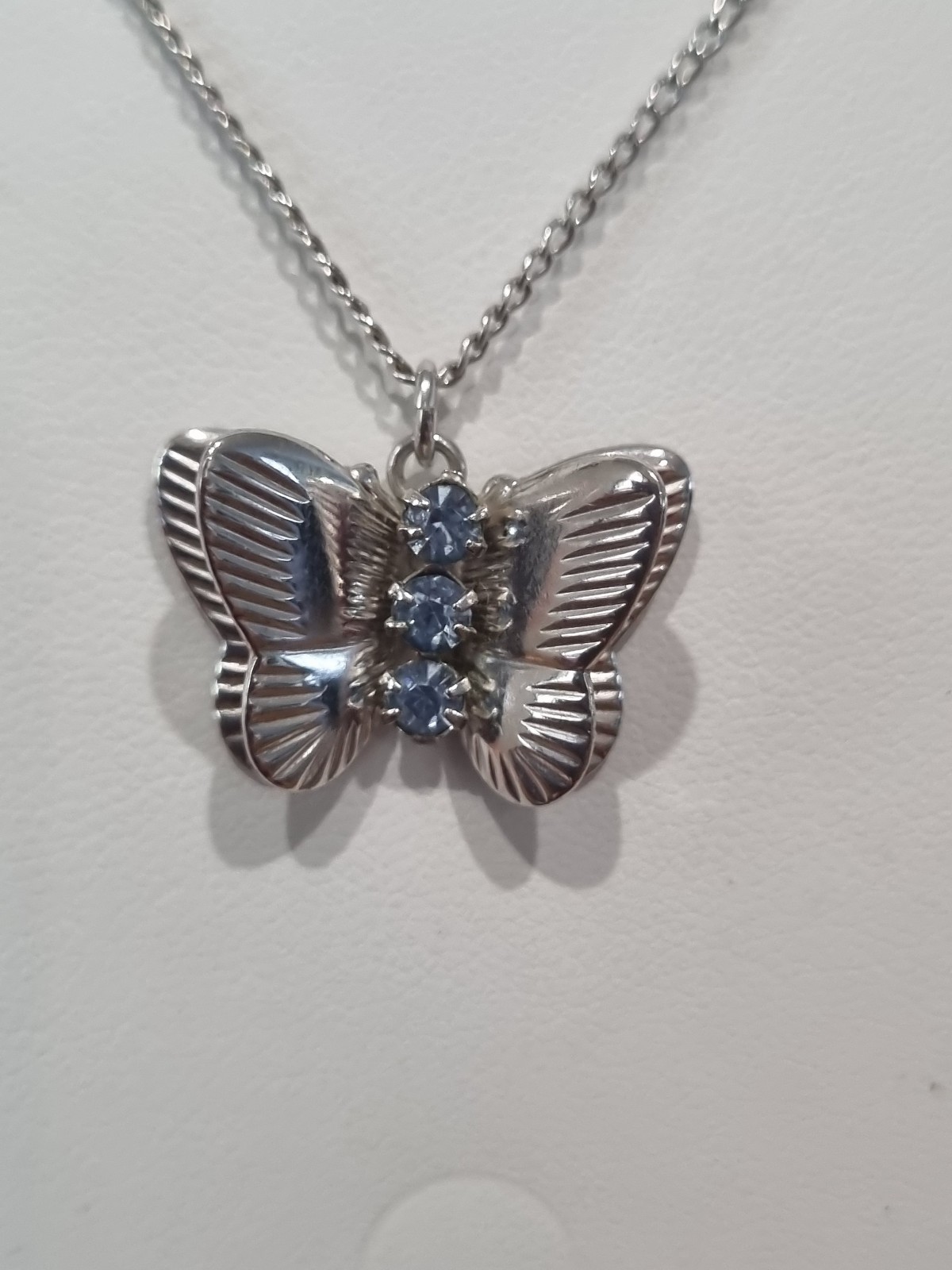 Vintage 14k White Gold Flled Butterfly Pendant Earring Set Blue Stones See Video