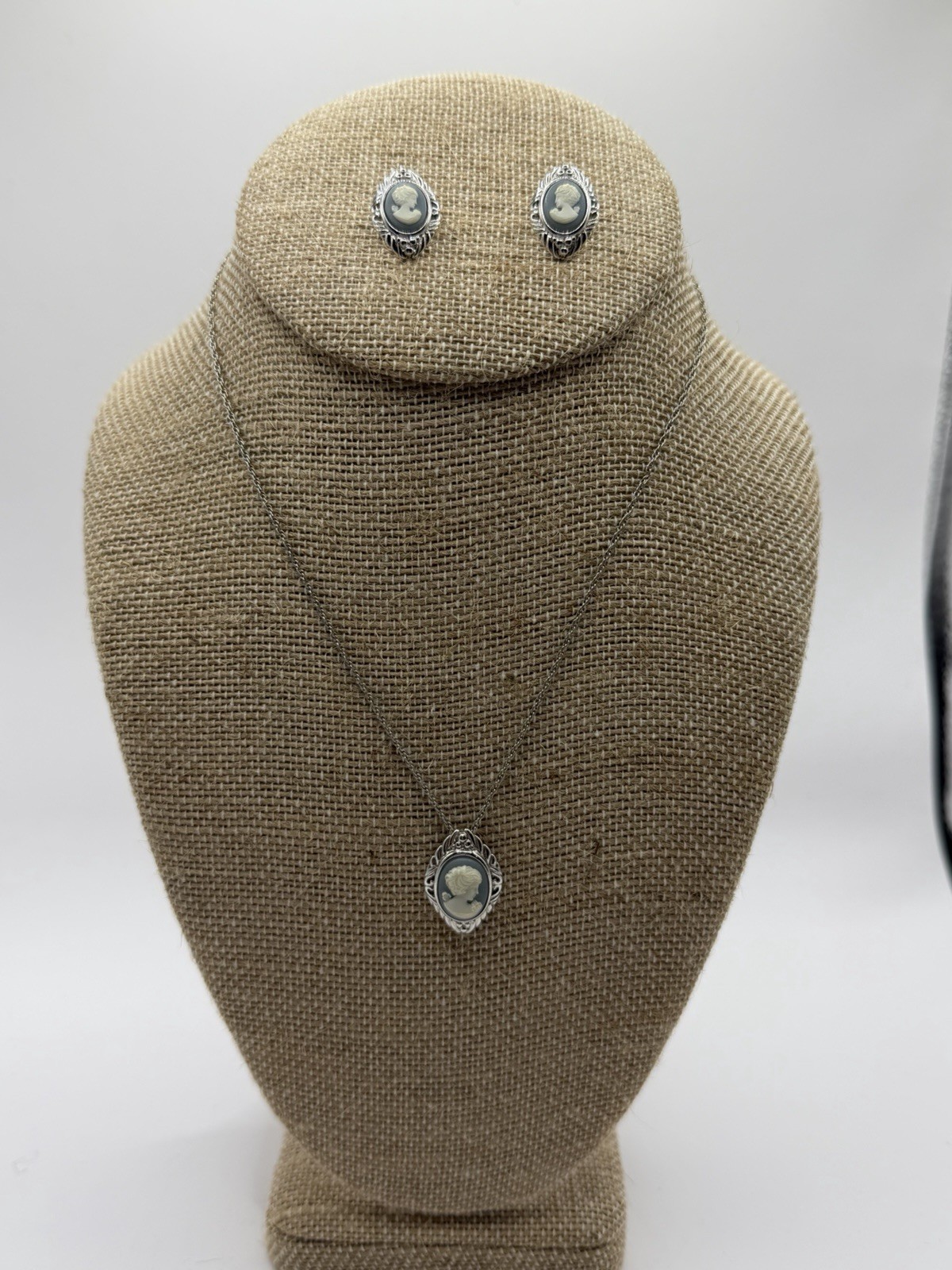 Trifari Blue and White Cameo Pendant Necklace And Earrings on Silver Tone Chain