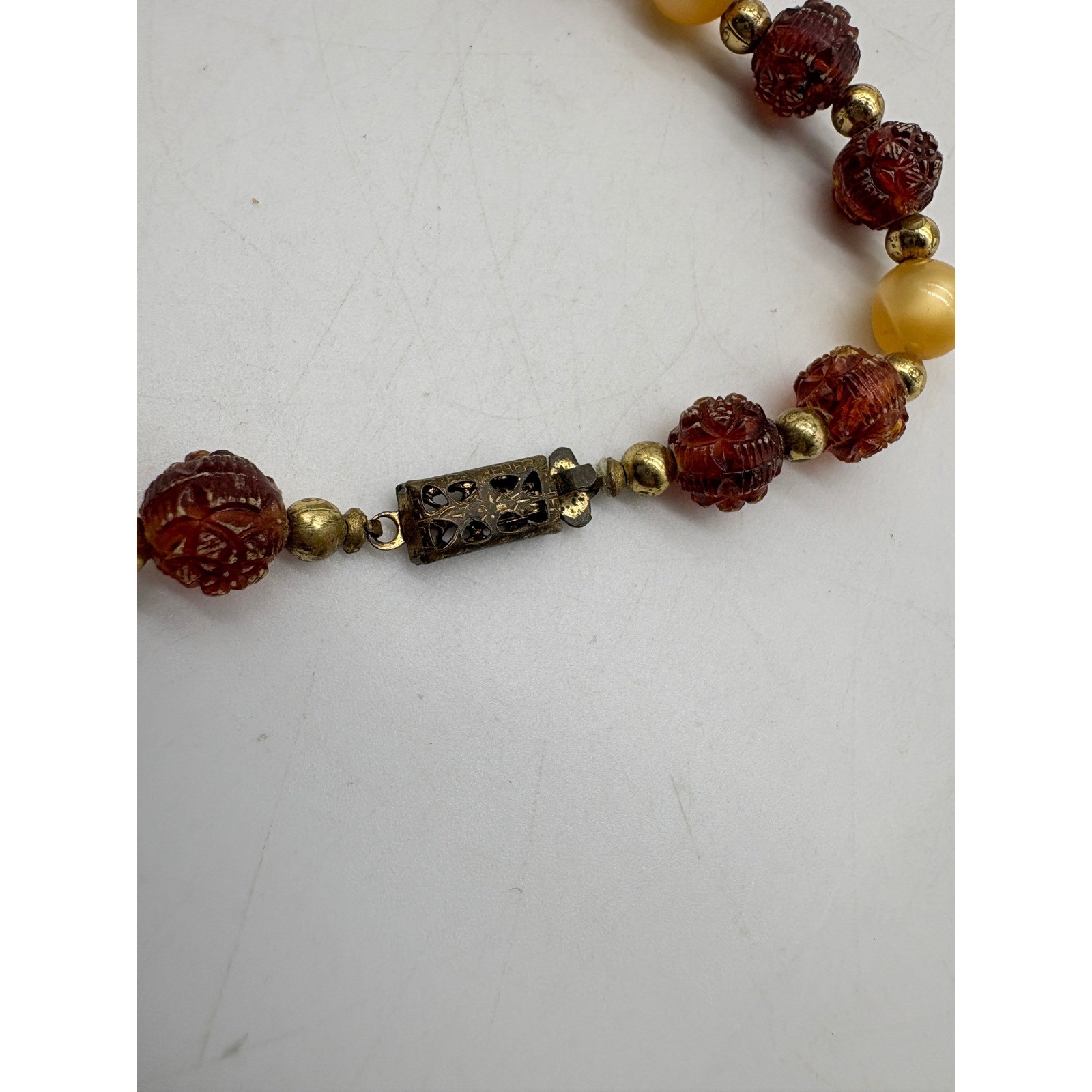 Vintage Yellow Carved Floral Beaded Opera Necklace 50 Inch Long Boho Retro