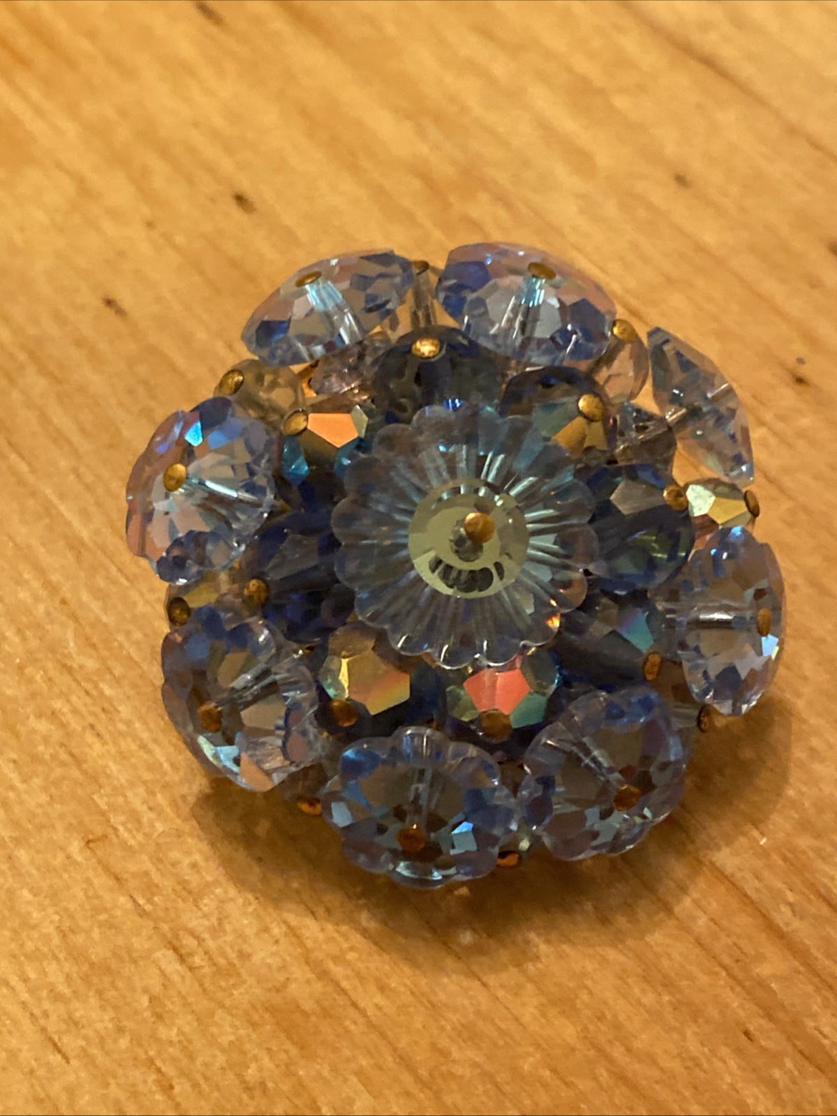 Vintage BLUE AB Aurora Borealis Cluster Crystal Beads Brooch Pin 1 7/8″ D #A1