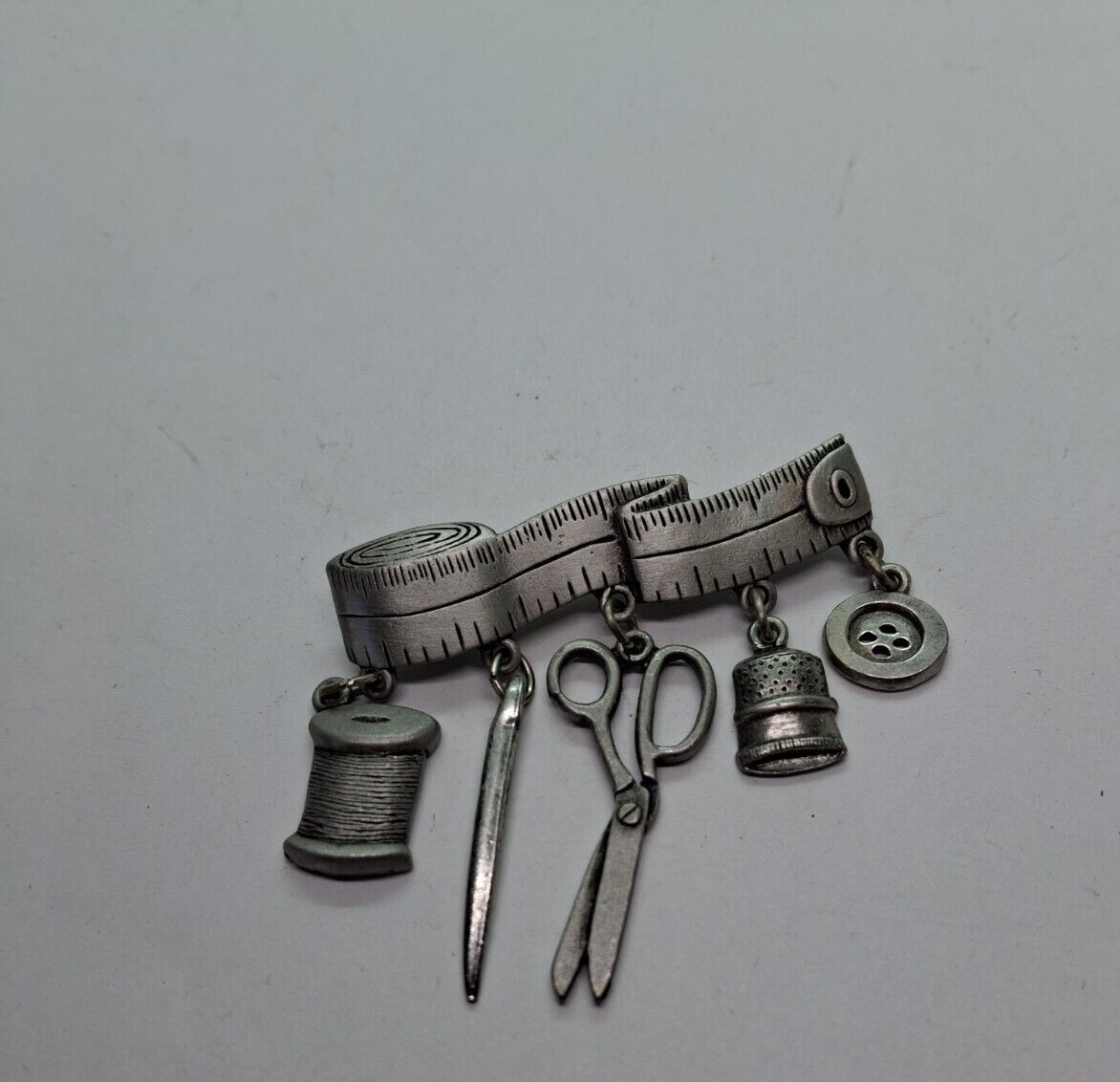 Vintage JJ Sewing Themed Brooch Scissors Button Thread danglers Measuring Tape
