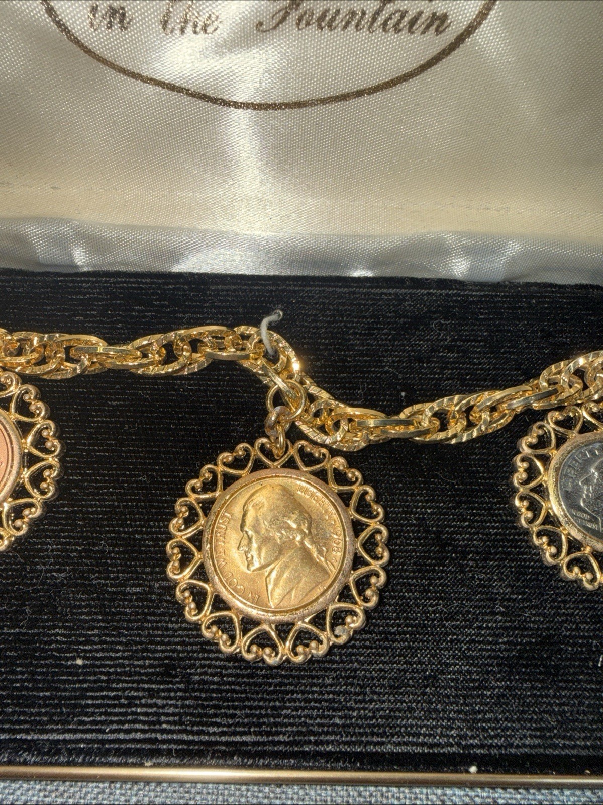 Vintage Three Coins In The Fountain Charm Bracelet Chunky Link Chain WLP
