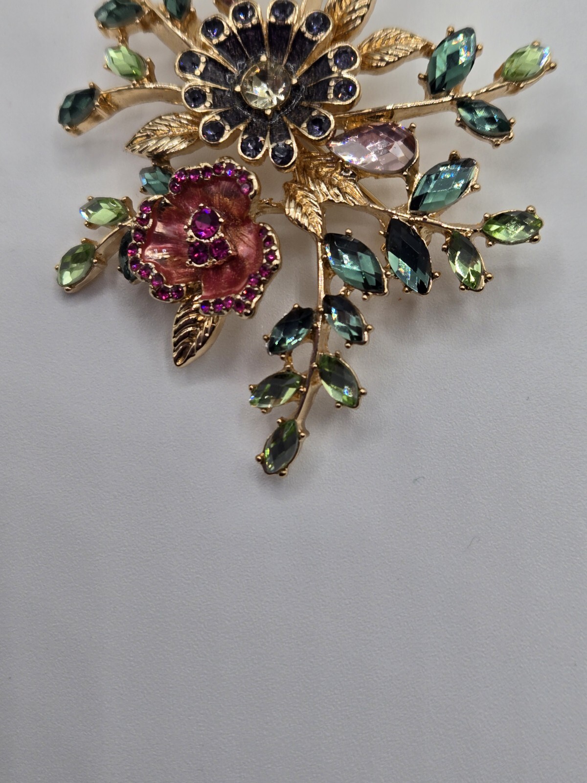Napier Flower Brooch Gold Tone Enamel Green White Pink Purple Stones