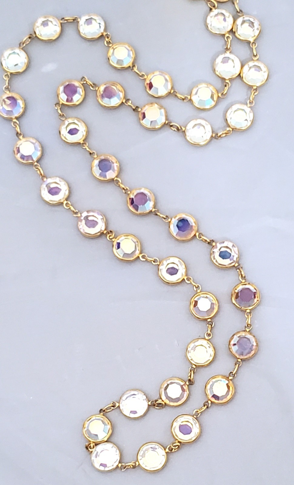 Vintage Aura Borealis Peacock Faceted Round Crystal Necklace Brilliant 35″ Long
