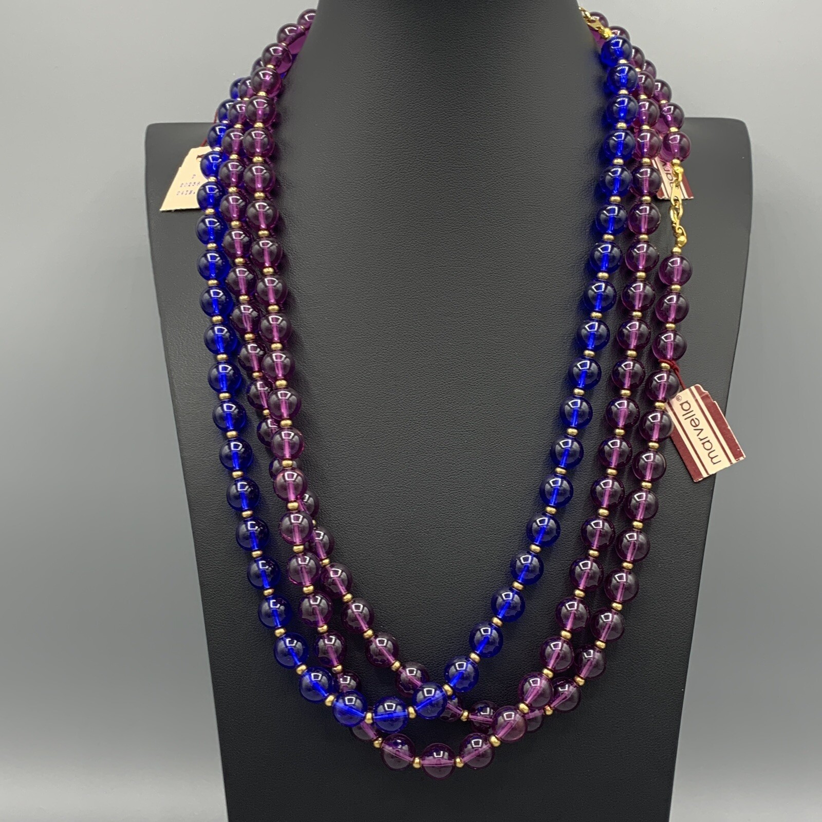 Marvella NOS Necklace Lot Blue and Purple Bead Lightweight Original Tags 24 Inch