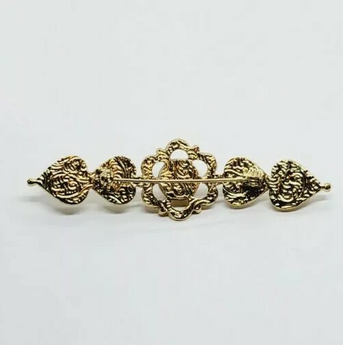 Victorian Faux Pearl Scrolled Hearts Floral Bar Brooch Gold Tone Vintage