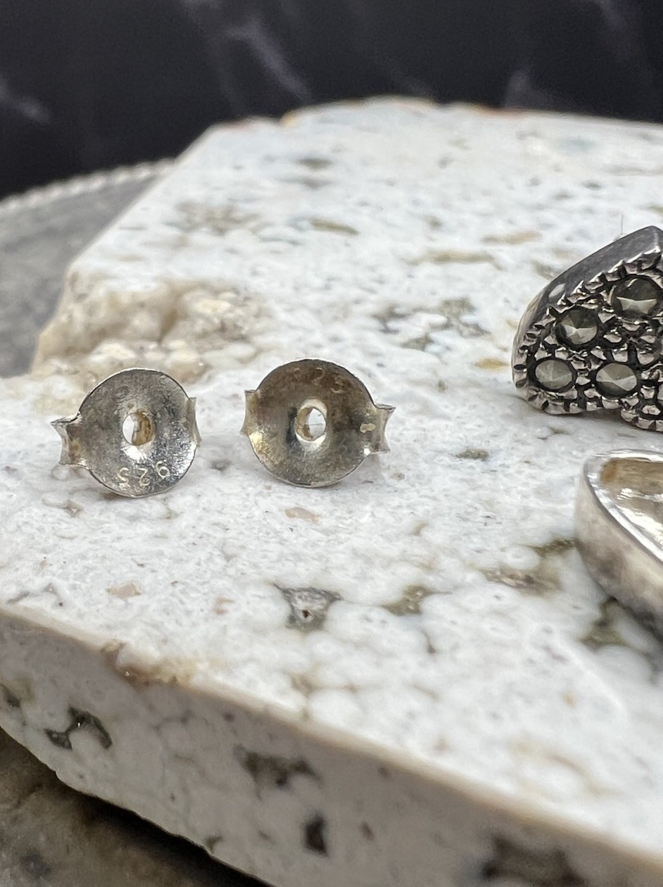 VTG 925 Sterling Silver Marcasite Heart Round Amber Stud Earrings Set