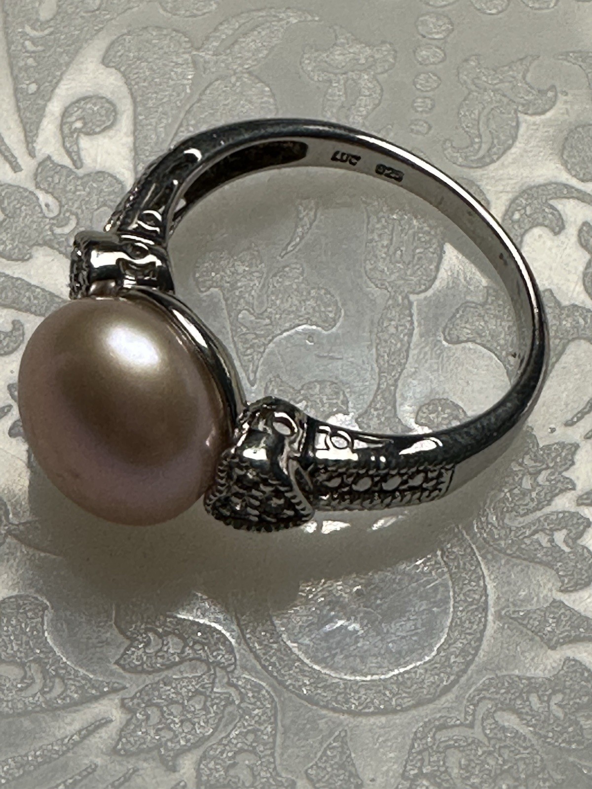 Vintage Sterling Silver Pink Pearl CZ Ring Sz 8 3/4 Signed Hearts Elegant