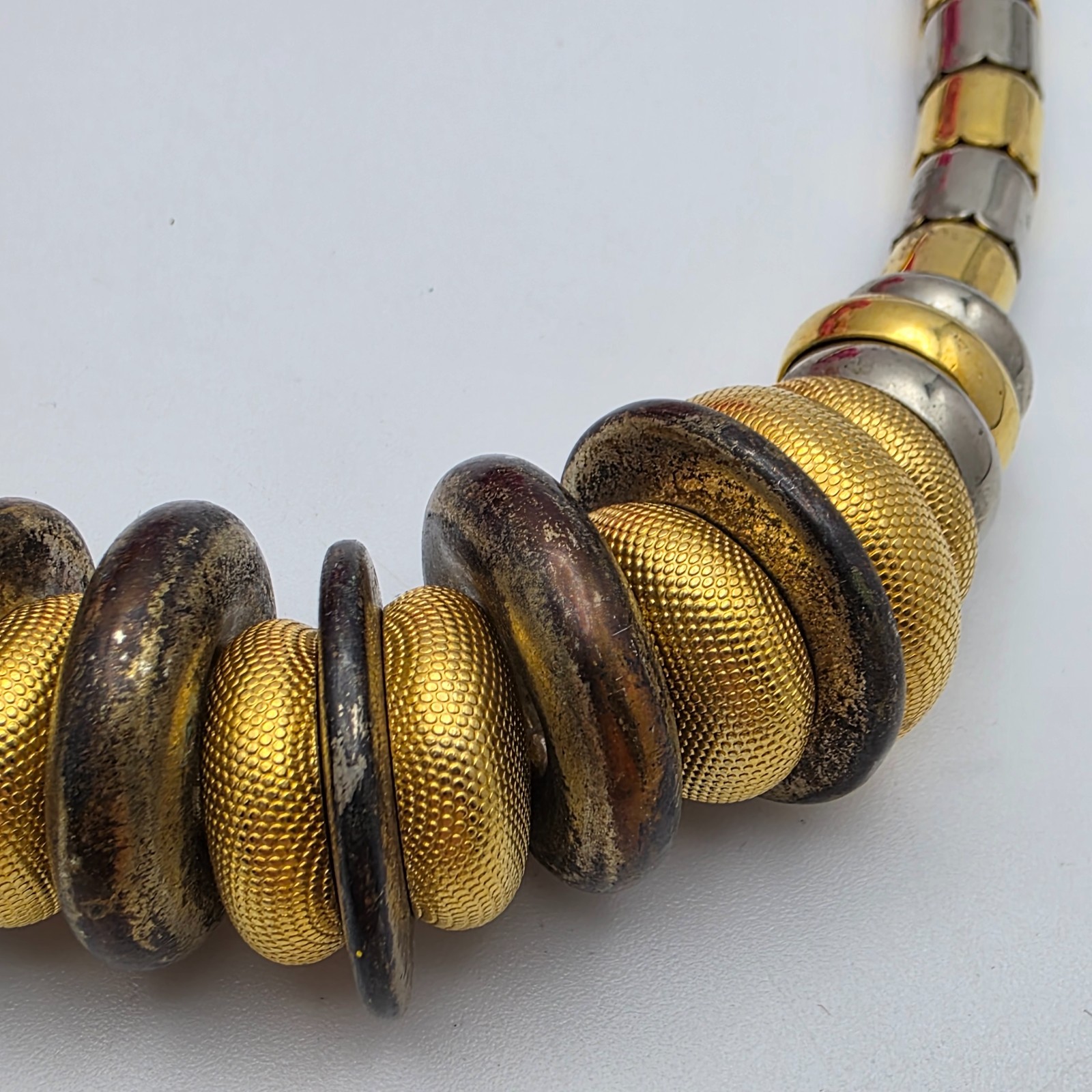 Joan’s Collectibles Brutalist Gold Silver Tone Chunky Beaded Necklace 18″ Vtg.