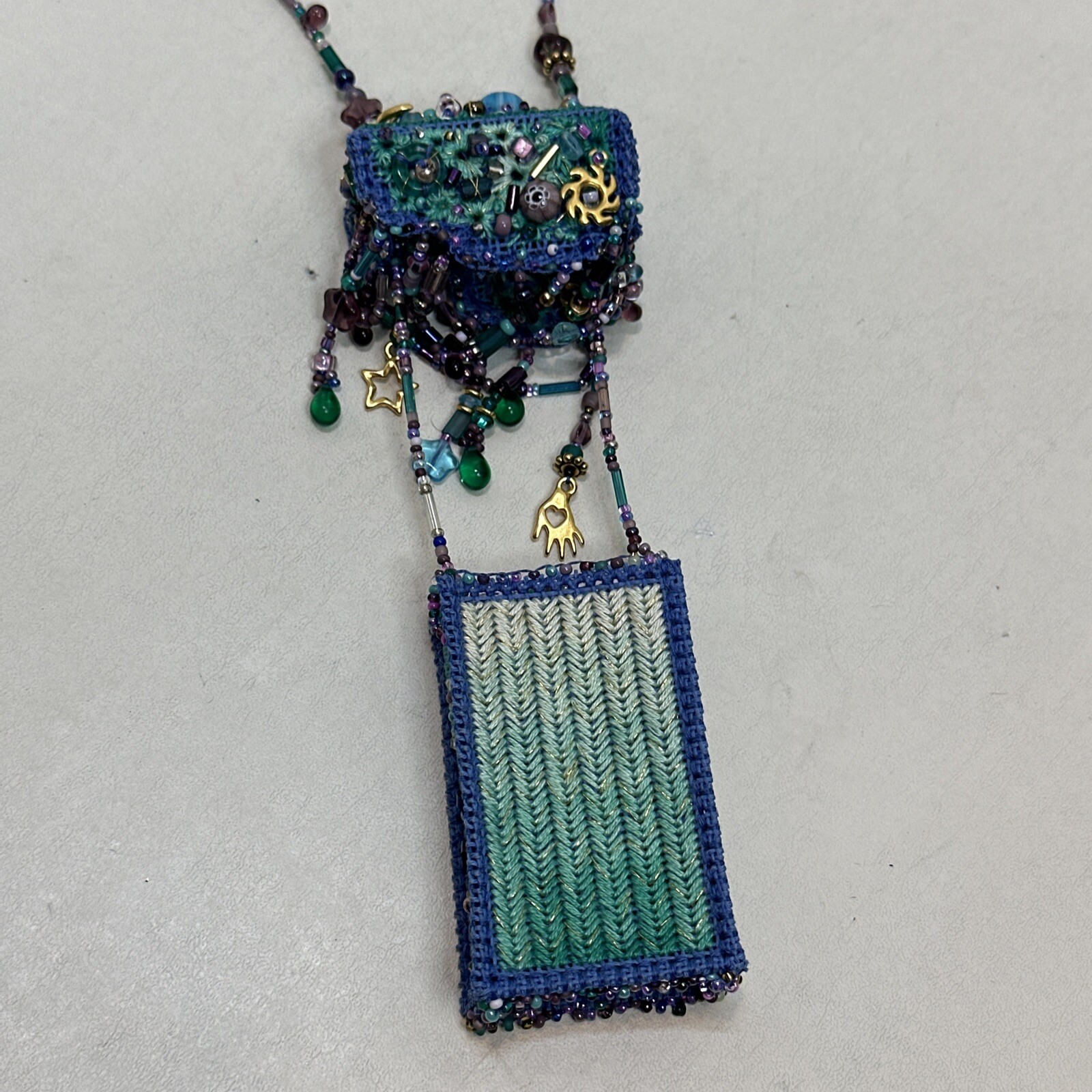 Vintage Handmade Blue Seed Bead Purse Necklace With Beaded Fringe-Bo Ho-Hippie