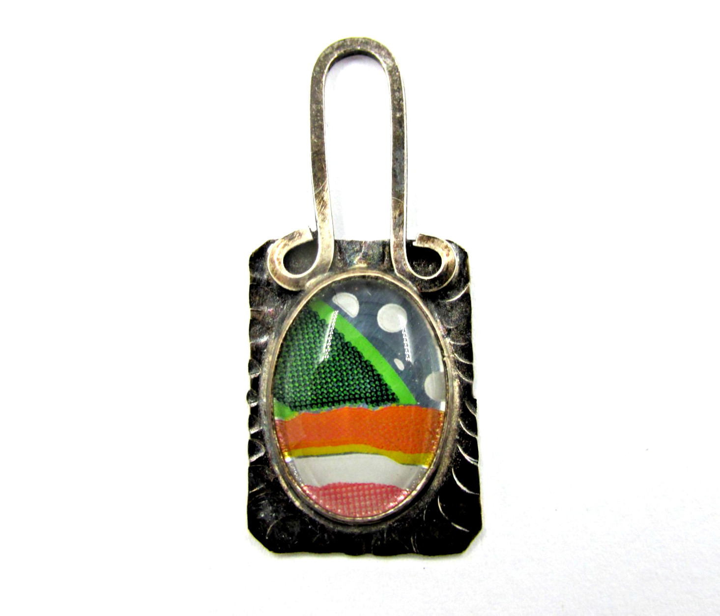 Sterling Silver Pendant Glass Domed Top Abstract Design Artisan Vintage Signed