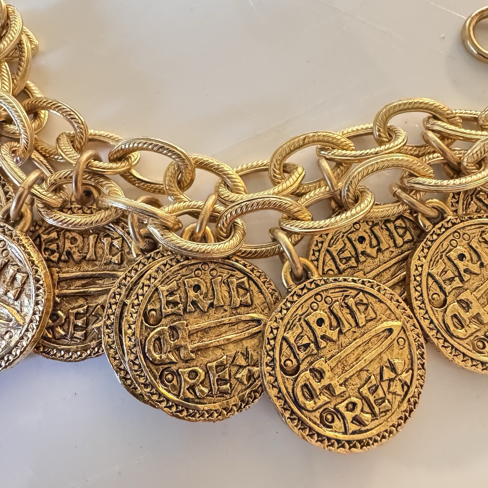 Vintage Stewart Lucas Coin Charm Bracelet, 80s 90s, Etruscan, Byzantine, Signed!