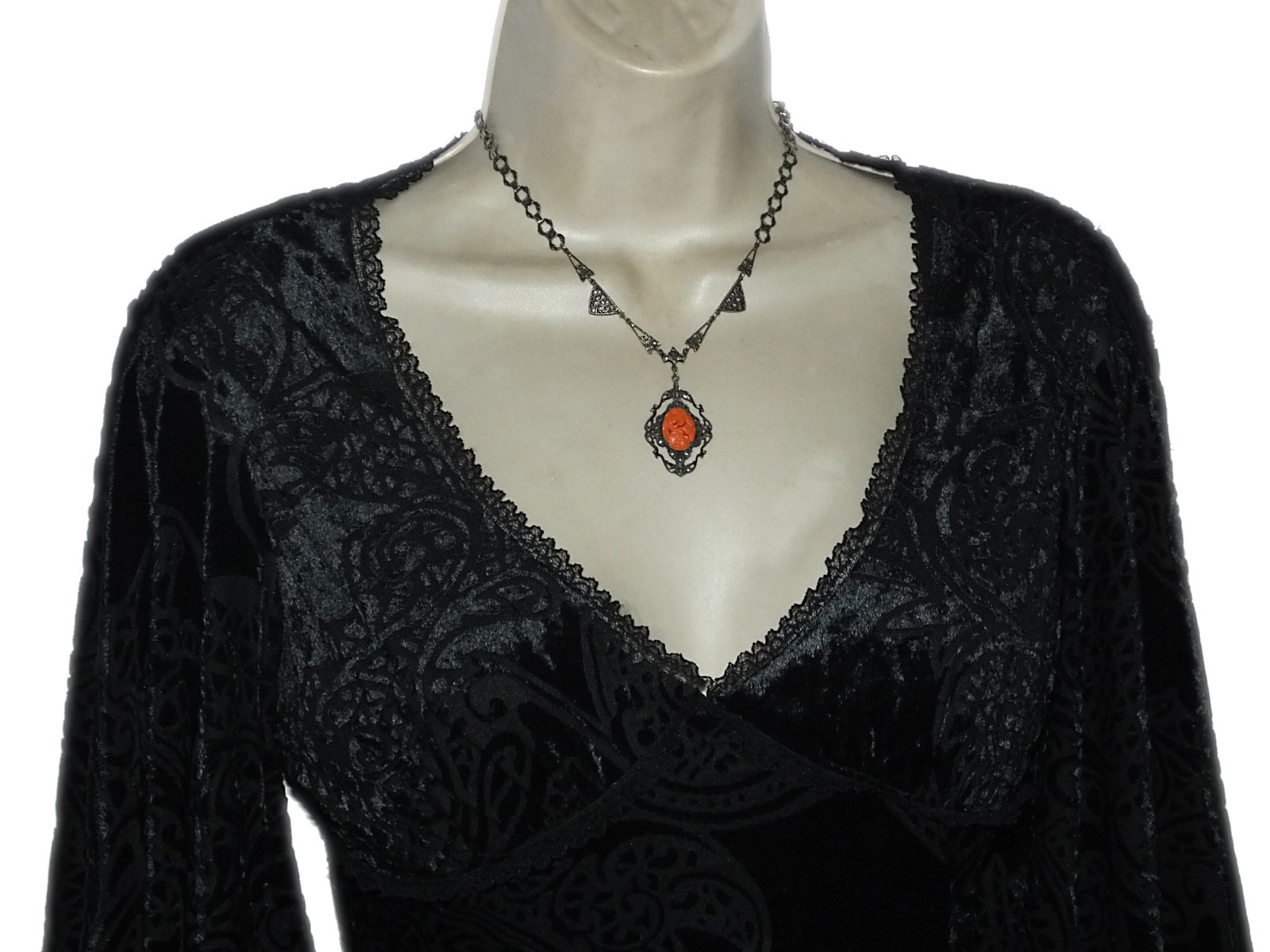 Antique Edwardian Art Deco Floral Carved Faux Coral Marcasite Sterling Necklace