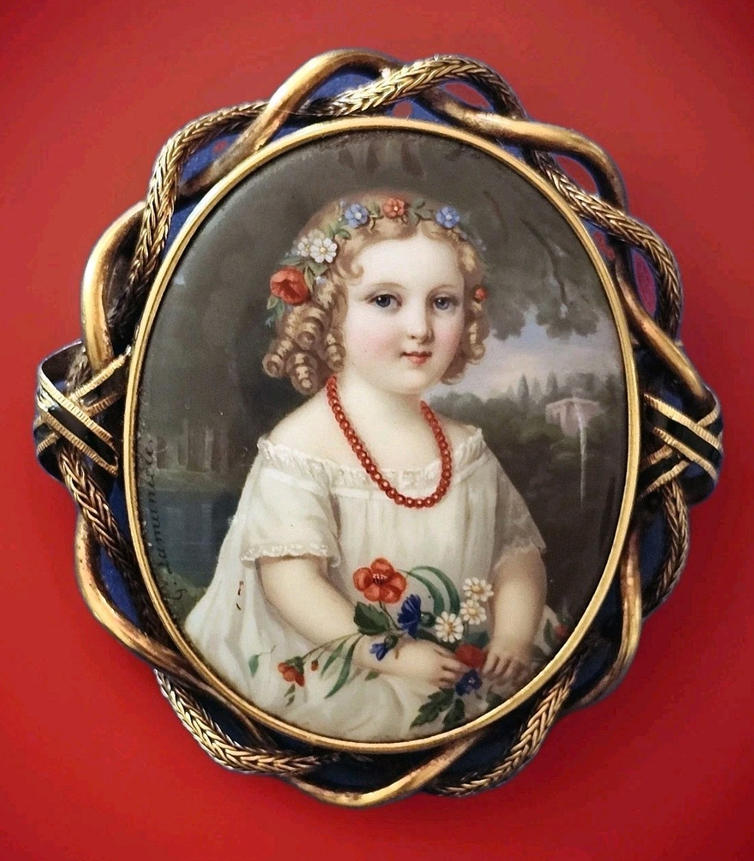 Antique Gaspard Lamuniere Portrait Brooch Enamel 18 K Gold Singed 19thC