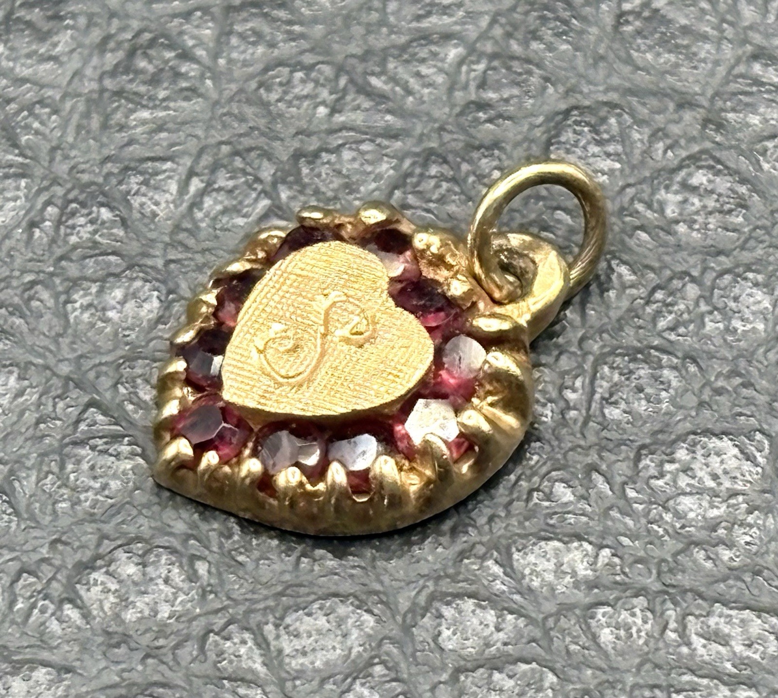 VTG 14K Gold Heart Garnet “S” Mono Engraved Pendant Or Charm Antique Victorian