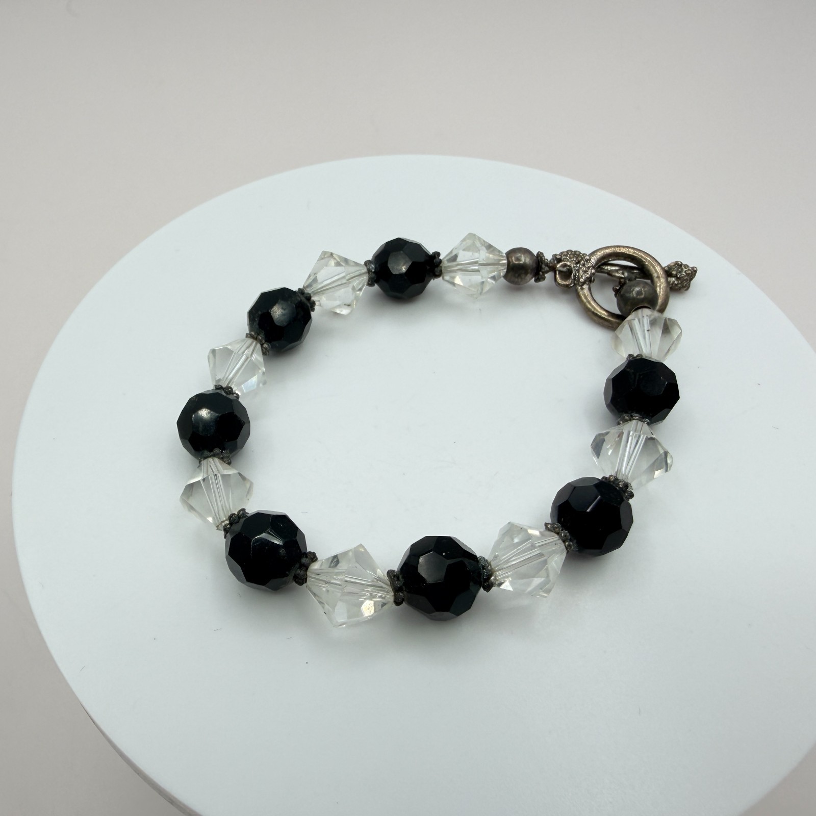 Vintage Black Clear Crystal Bead Necklace Bracelet Dangle Earrings Matching Set