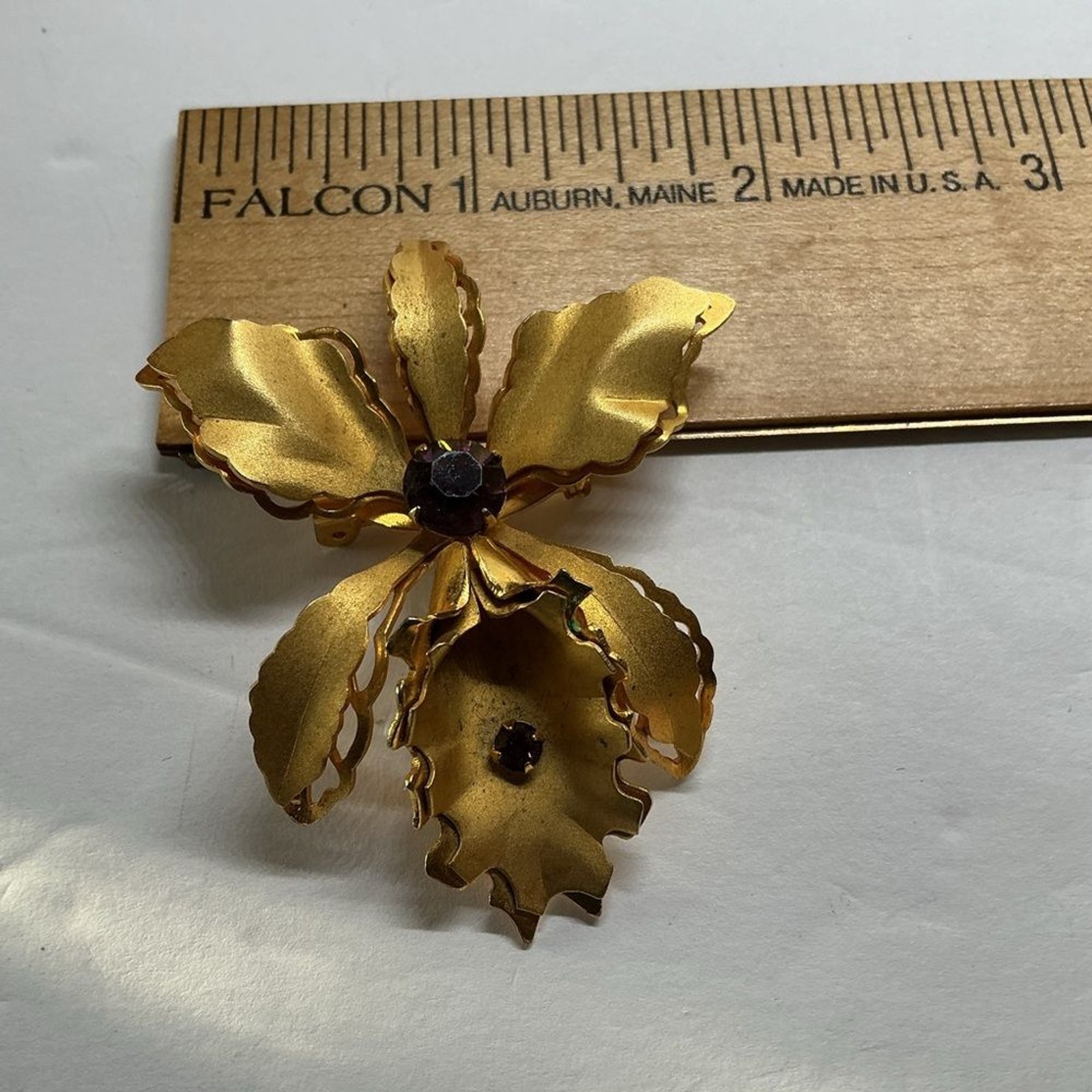 Vintage Bugbee & Niles Gold Tone Purple Rhinestone Orchid Brooch & Earring Set
