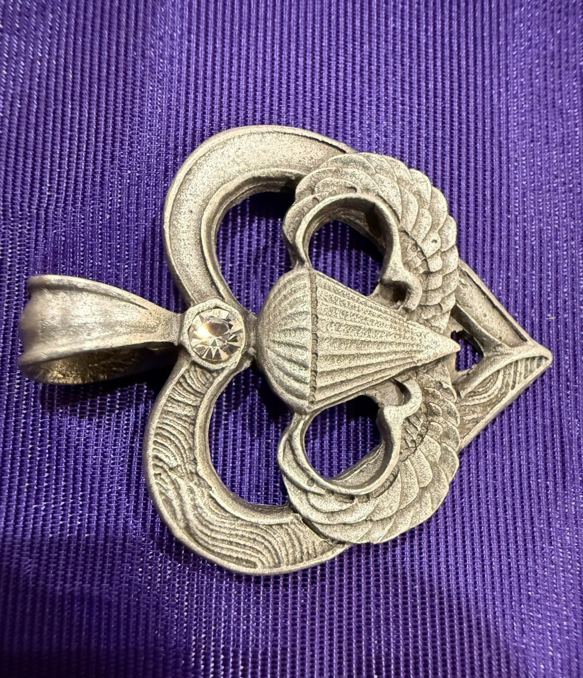 Vintage US Army Paratrooper Pewter Heart Pendant with Rhinestone Accent